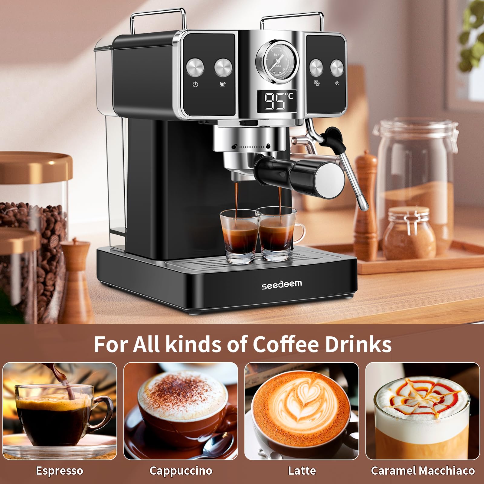 SEEDEEM 20 Bar Espresso Machine with Milk Frother - Stainless Steel Latte & Cappuccino Maker, 1.8L (60 Fl Oz) Removable Water Tank - Perfect for Home Baristas & Coffee Lovers