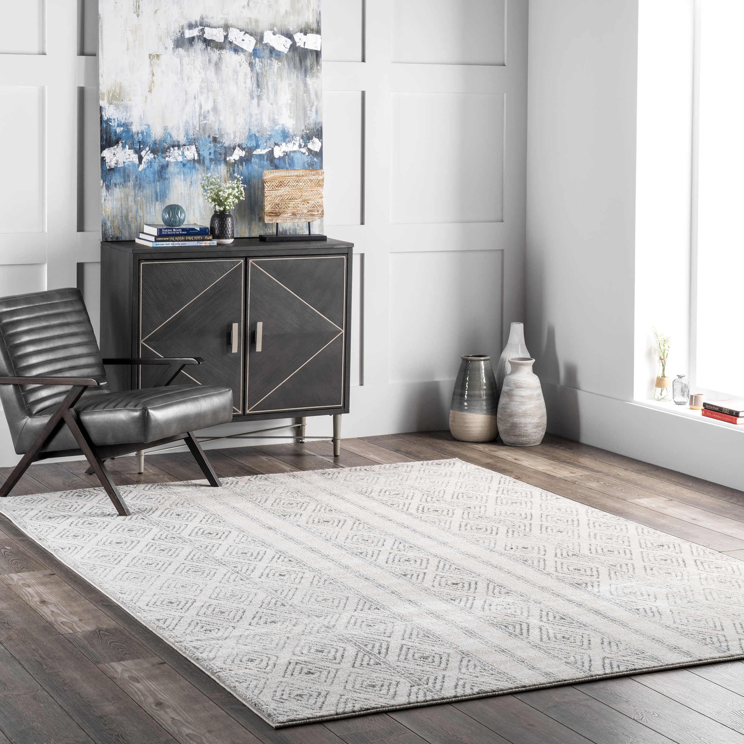 Banded Bird Eye Diamonds Area Rug - Soft Grey Modern Geometric Pattern for Living Room, Bedroom & Office Decor