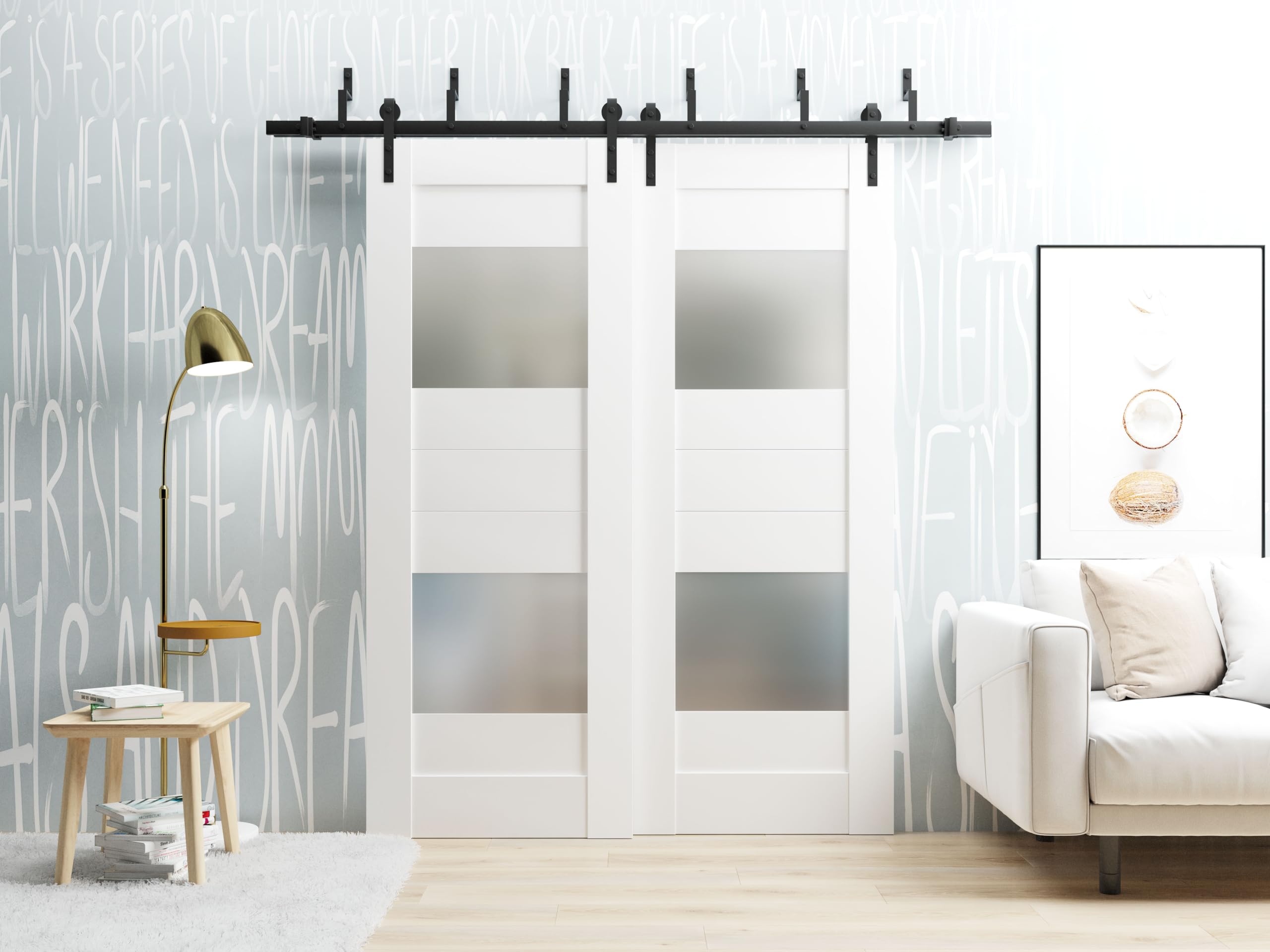 VDOMDOORS 48 x 84 Inch Sliding Closet Doors - Opaque Glass 2 Panel Barn Bypass Doors with 6.6ft Rails Hardware Set (White Silk, Modern Style) | Solid Wood Bedroom Wardrobe Door for Home & Office Organization