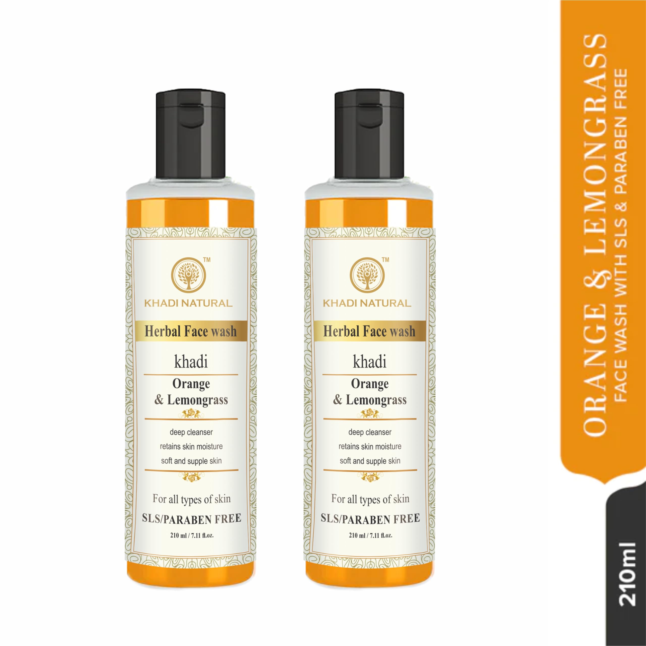 Khadi Natural Orange & Lemongrass Herbal Face Wash for Dry Skin - Organic, Paraben & SLS Free Cleanser (210ml, Pack of 2) | Gentle Daily Cleansing for Healthy Glowing Skin | Perfect for Morning & Night Skincare Routine