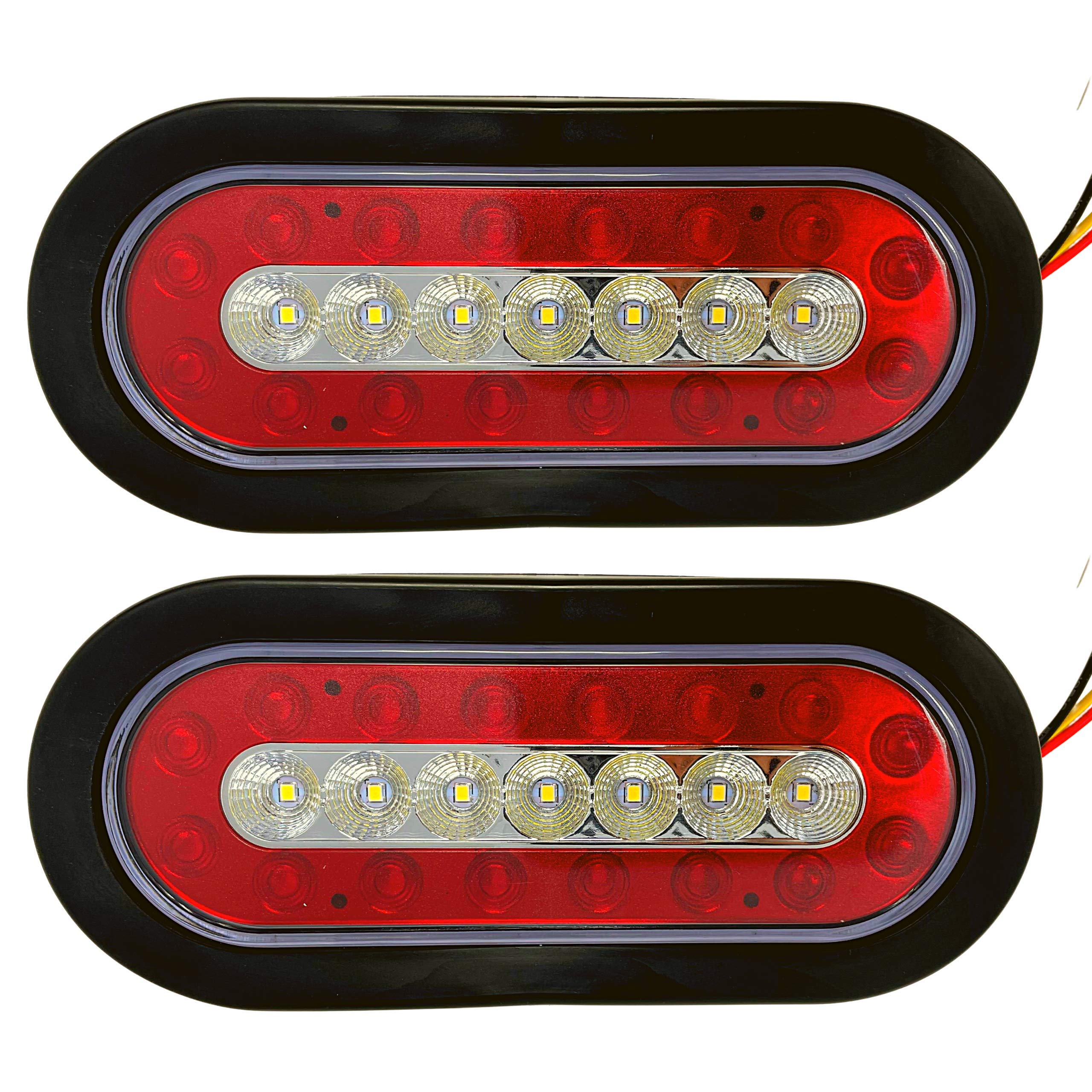 2Pcs 6.3 Inch Oval LED Truck Trailer Tail Lights - 23 LED Red Stop Brake Lights & White Backup Reverse Lights - Sealed with Reflectors & Flush Mount Rubber Grommet - Perfect for Semi Trucks, Trailers, RVs and Commercial Vehicles