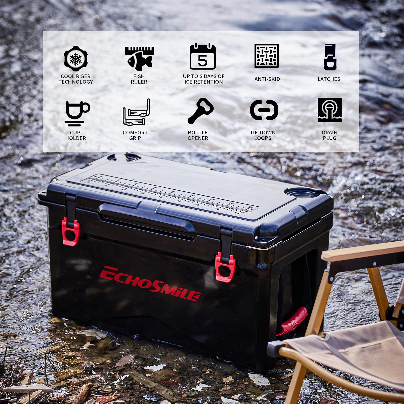 EchoSmile 25/30/35/40/60/75 Quart Rotomolded Cooler - Heavy Duty Insulated Cooler for Camping, Fishing, Tailgating & Outdoor Adventures