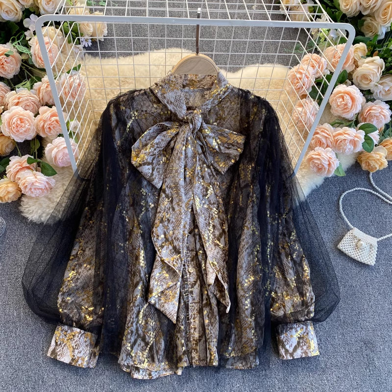 Retro Snakeskin Print Mesh Lantern Sleeve Blouse for Women - Vintage Style Party Top - Perfect for Night Out, Date Night & Special Occasions