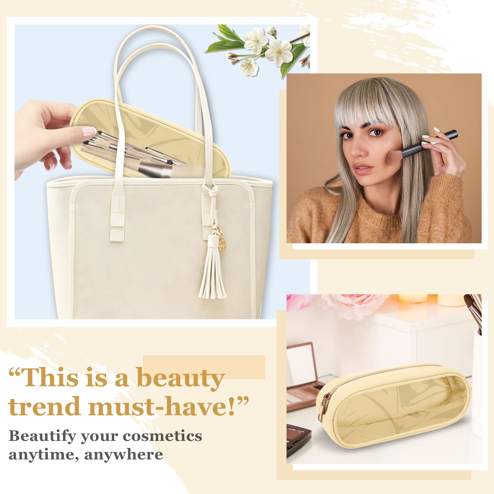 Nylon Small Clear Makeup Bag Slim Pouch - Cute Preppy Cosmetic Zipper Pouch for Women & Girls | Travel Toiletry Bag, Makeup Brush Case, Purse Organizer, Coin Pouch (Beige) - Perfect for Daily Use, Traveling & Gift Giving