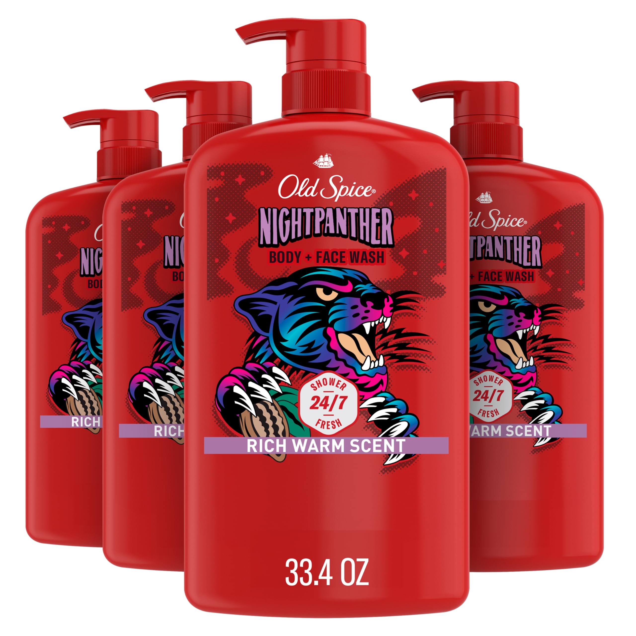 Old Spice 3X Defense Body Wash for Men - 24/7 Freshness with NightPanther Scent | 2-in-1 Shower Gel & Face Cleanser | Long-Lasting Fragrance | Pack of 4 (33.4 fl oz each) | Perfect for Gym, Travel & Daily Shower Routine