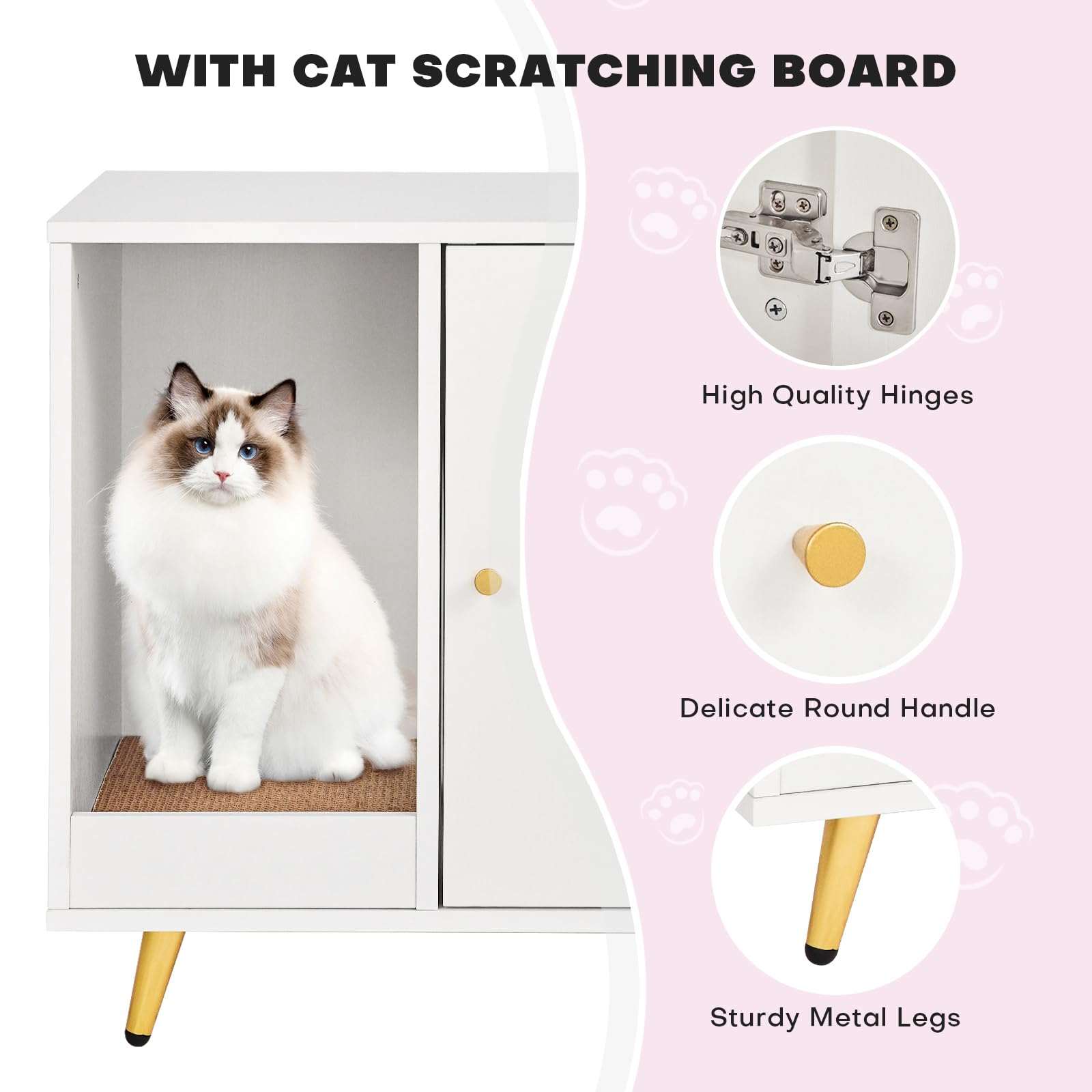 **Hidden Cat Litter Box Enclosure - Wooden Cat Washroom Cabinet with Scratcher, Kitten House & Side End Table - Pet Crate Furniture for Most Cats & Litter Boxes (White) | Perfect for Living Rooms, Bedrooms & Small Spaces**