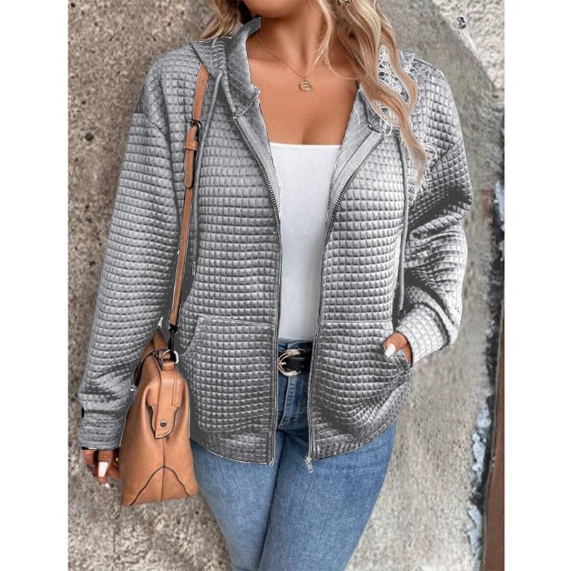 Women's Waffle Knit Hooded Sweatshirt with Drawstring Pockets - Long Sleeve Casual Zipper Jacket for Fall & Winter Layering - Perfect for Outdoor Activities, Lounge Wear and Street Fashion