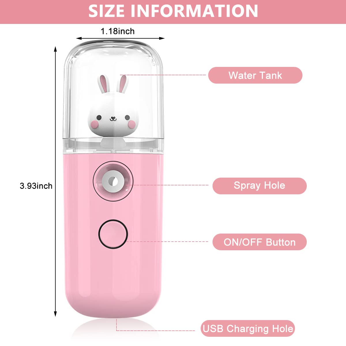 ELEPHANTBOAT® Pink Portable Nano Facial Mist Sprayer 30ml - USB Rechargeable Moisturizing Face Spray Machine with Cute Bunny Design for Skin Hydration & Beauty Care | Perfect for Travel, Office & Home Skincare Routine