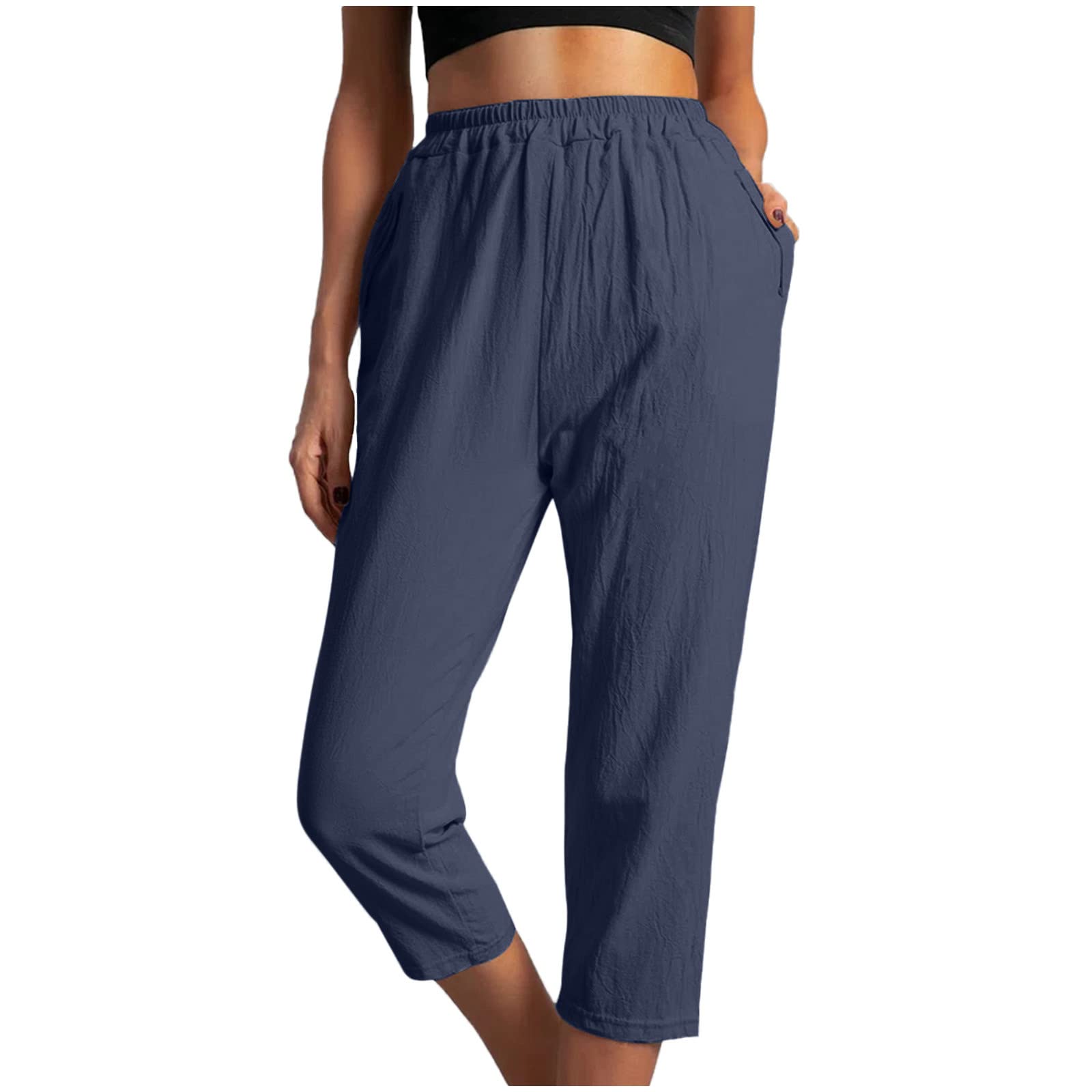 **APIVOE Women's Cotton Linen Capri Pants - Elastic Waist, Solid Color, Loose & Comfy Casual Cropped Harem Pants with Pockets | Perfect for Work, Travel & Relaxation**