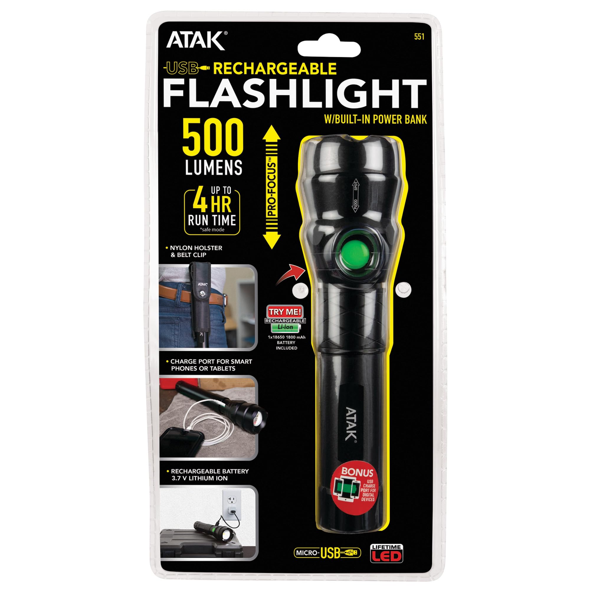 Performance Tool 551 Pro-Focus 500 Lumens Black LED Lithium-Ion Rechargeable Flashlight - Bright Portable Light for Camping, Hiking, Emergency & Home Use