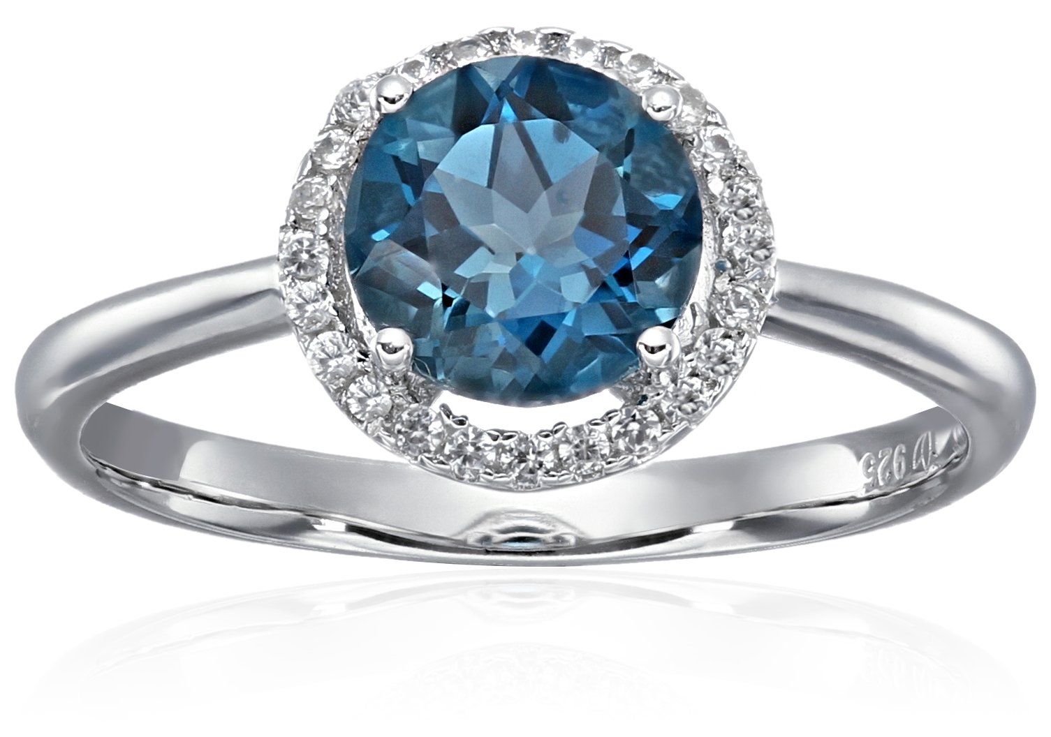 Amazon Collection Sterling Silver London Blue Topaz & Natural White Zircon Princess Diana Halo Engagement Ring - Perfect for Proposals, Anniversaries & Special Occasions