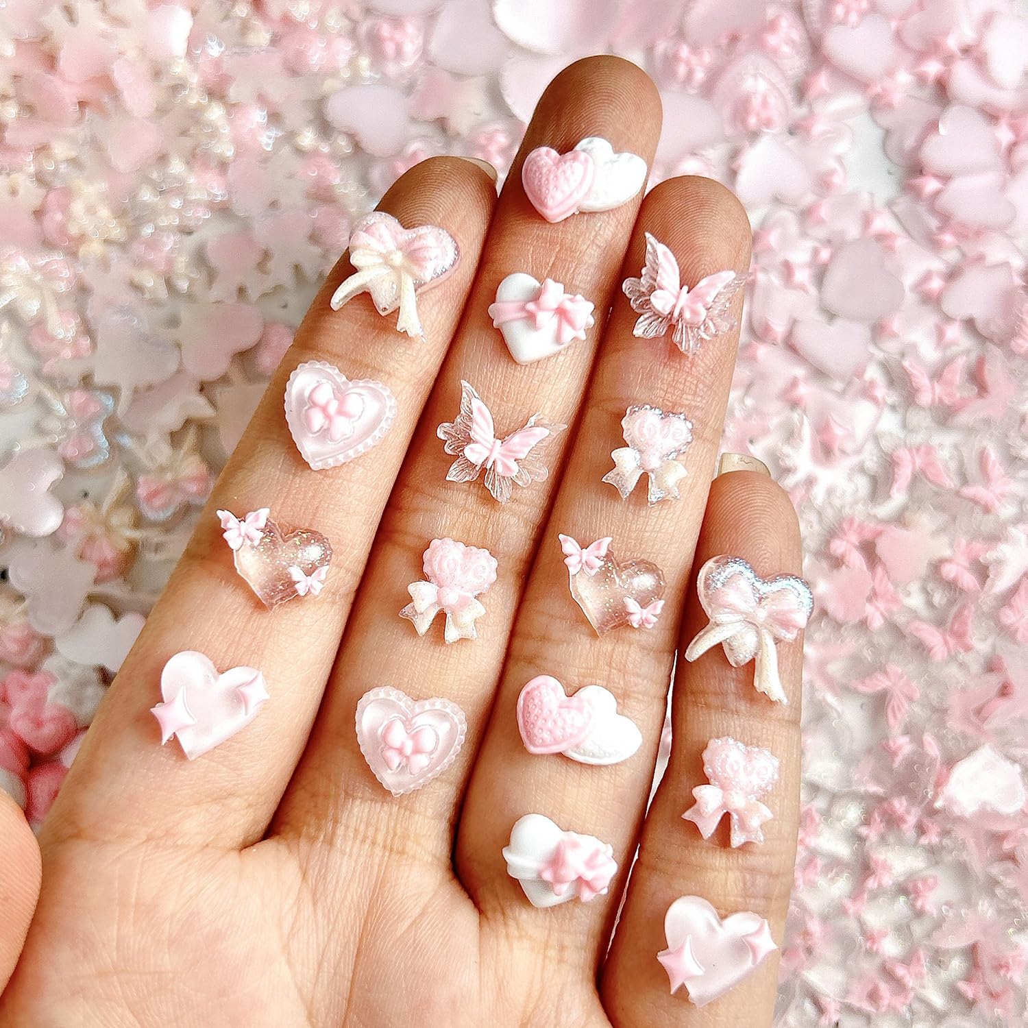 40Pcs Pink Nail Art Charms Glow in The Dark Heart Rhinestones - 3D Resin Nail Gems Decals for Valentines Day Manicure, DIY Nail Decorations, Party, Wedding, Salon, Home Nail Art Supplies