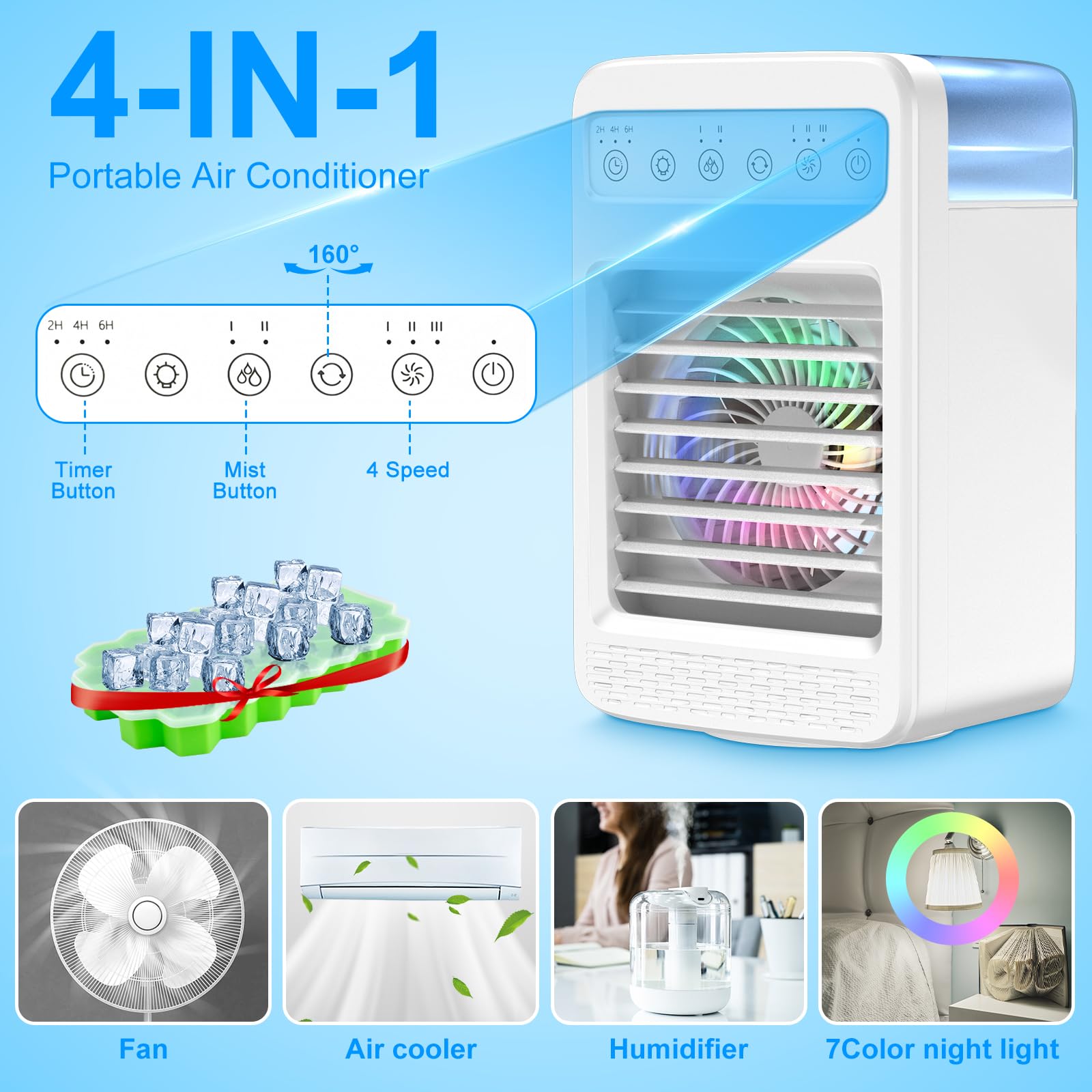 Portable Air Conditioner for Small Room - Mini AC with Timer, 4 Speeds & 2 Cool Mist Modes, Oscillating Personal Air Cooler - Perfect for Bedroom, Office, Dorm & Home Use