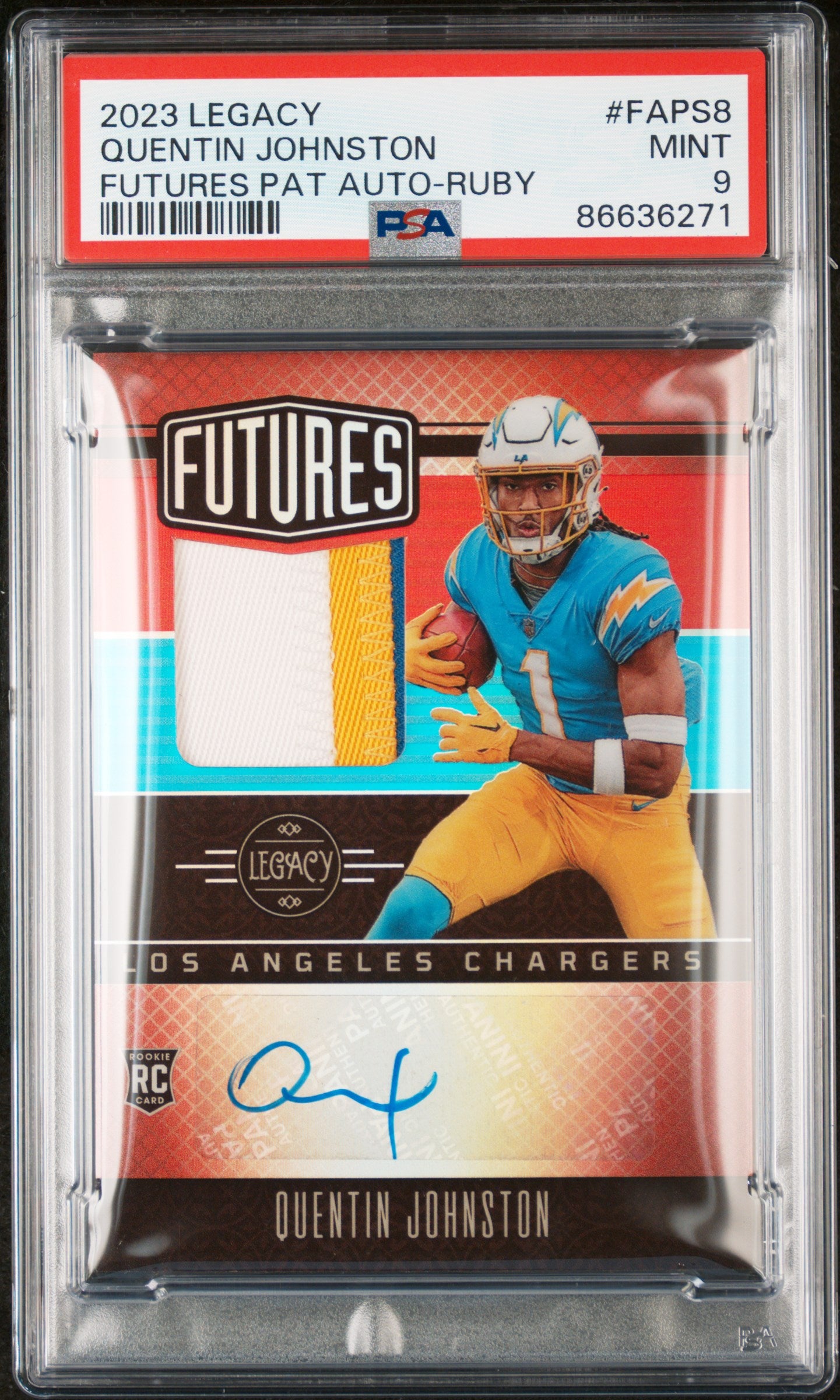 2023 Panini Legacy Futures Patch Autograph Quentin Johnston Futures Pat Auto Ruby #FAPS8 PSA 9 - Perfect for Collectors & Sports Memorabilia Enthusiasts