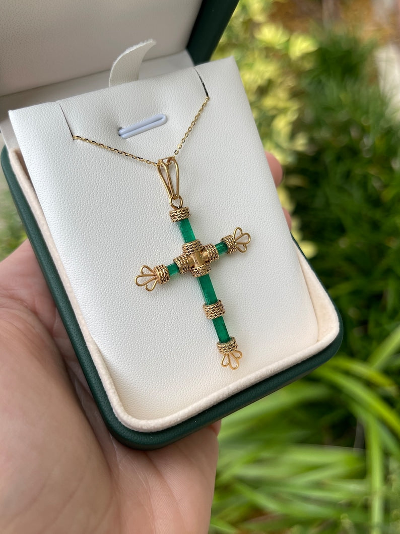 7.69tcw 18K Gold Colombian Emerald Cross Pendant - Genuine Rough Crystal Jewelry for Women - Perfect for Gifts, Weddings & Special Occasions