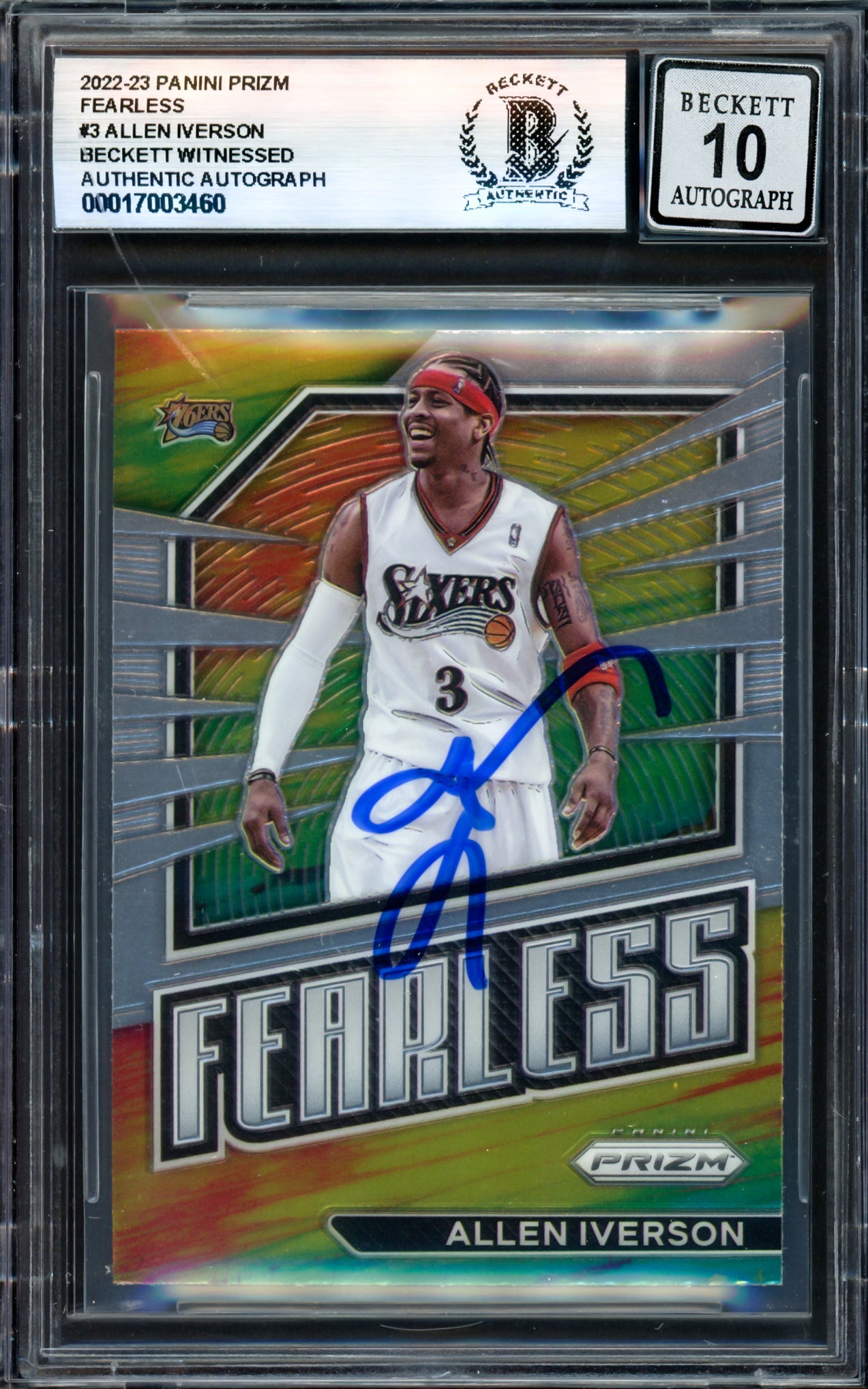 Allen Iverson Autographed 2022-23 Panini Prizm Fearless Basketball Card #3 - Philadelphia 76ers Auto Beckett BAS Gem Mint 10 Grade - Witness #17003460 - Perfect for NBA Collectors, Sports Memorabilia Enthusiasts & Investment Pieces