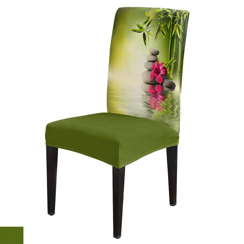 4 Pack Stretch Printed Chair Covers - Green Bamboo Stone Red Hibiscus Design, Removable Spandex Dining Chair Slipcovers for Kitchen, Hotel & Banquet (Fits Most Chairs) | Perfect for Home Decor, Restaurant Upgrade & Event Seating Protection