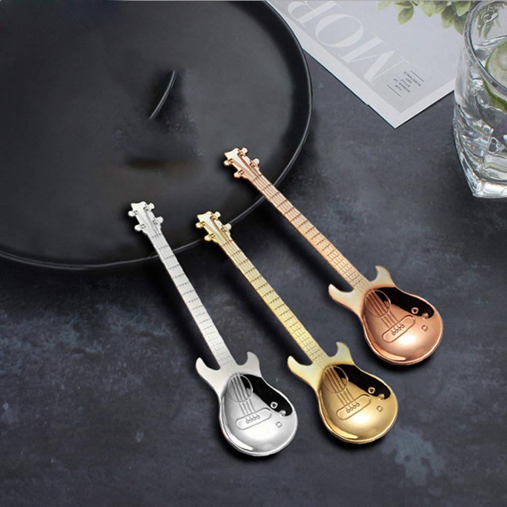 3-Piece Cute Guitar-Shaped Coffee Spoons Set - Mini Stainless Steel Dessert Spoons for Ice Cream, Coffee, Tea & Baking - Musical Instrument Themed Kitchen Utensils