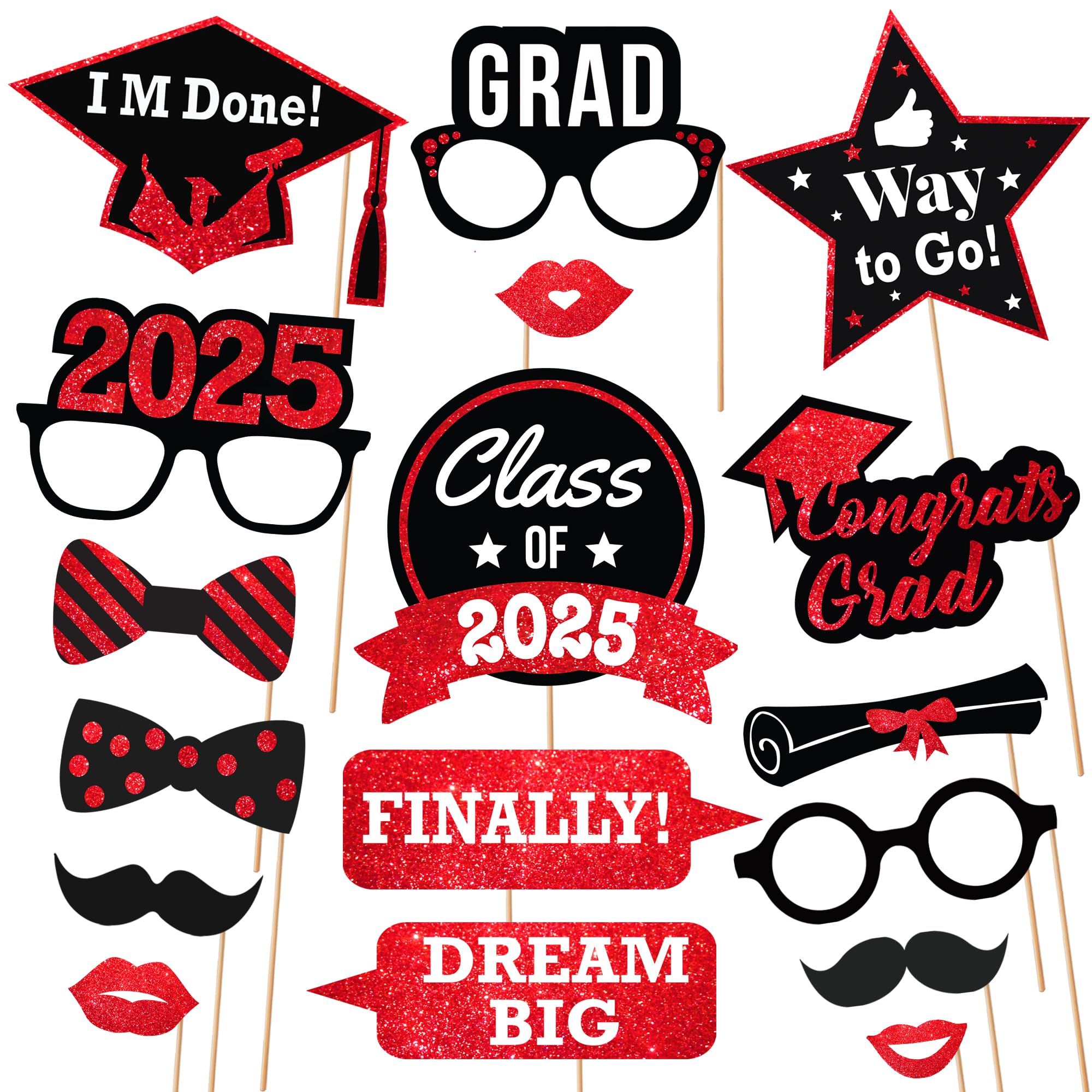 KatchOn Graduation Photo Booth Props 2025 - Pack of 36 Red & Black Graduation Decorations for Class of 2025 | DIY Graduation Party Supplies, Photo Shoot Backdrops & Social Media Props for Graduation Ceremony, Yearbook & Senior Night Celebrations