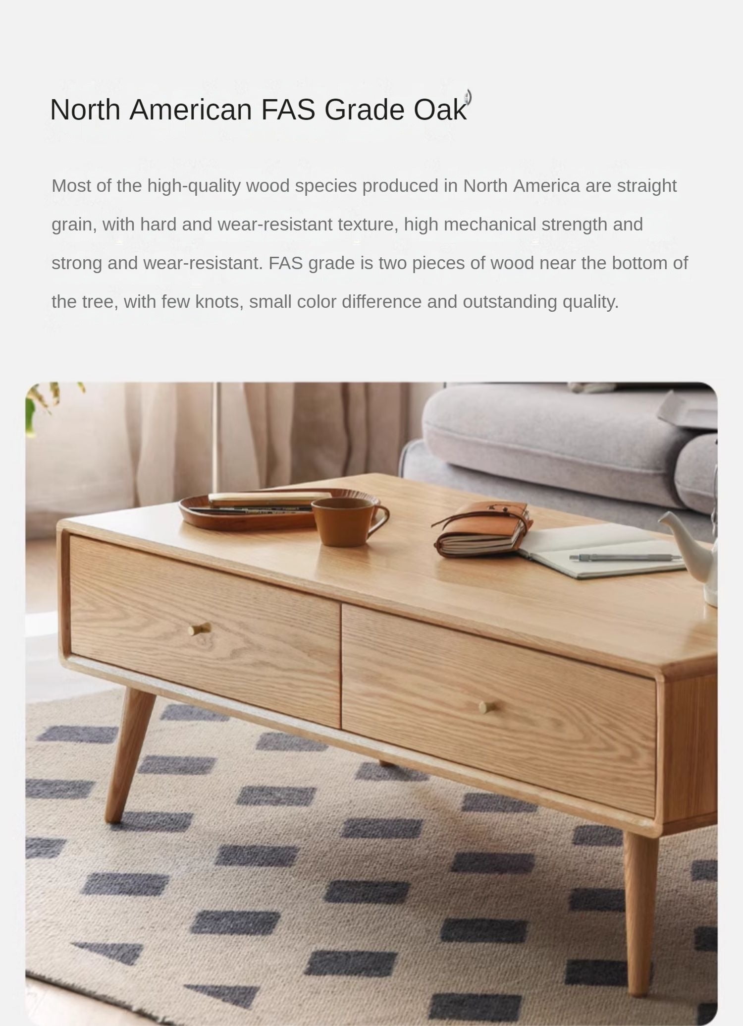 Solid Oak and Ash Wood Modern Nordic Coffee Table - Minimalist Living Room Furniture for Small Spaces and Apartments