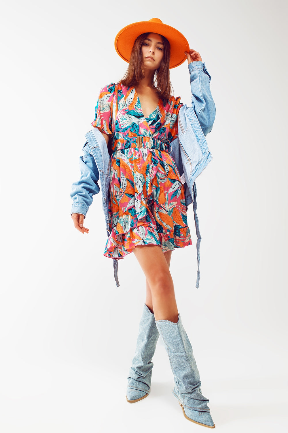 Floral Print Orange Wrap Belted Short Robe - Lightweight Kimono for Women, Lounge Wear, Spa & Beach Cover-Up