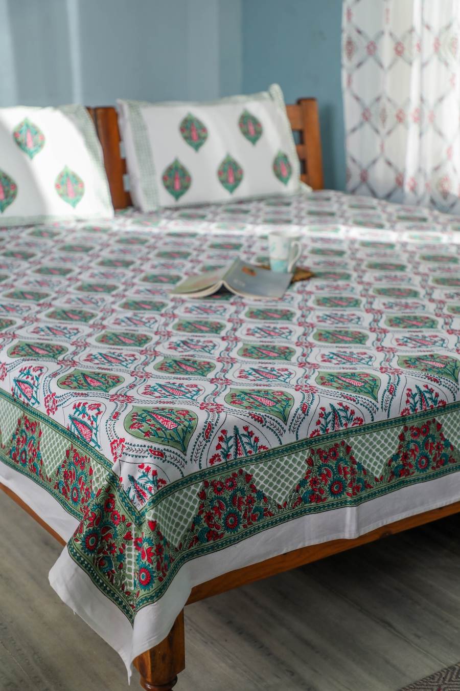 SootiSyahi 'Valley of Blooms' Handblock Printed Cotton Bedsheet - 100% Pure Cotton Queen Size Bed Sheet Set for Home Decor & Boho Bedroom Aesthetic