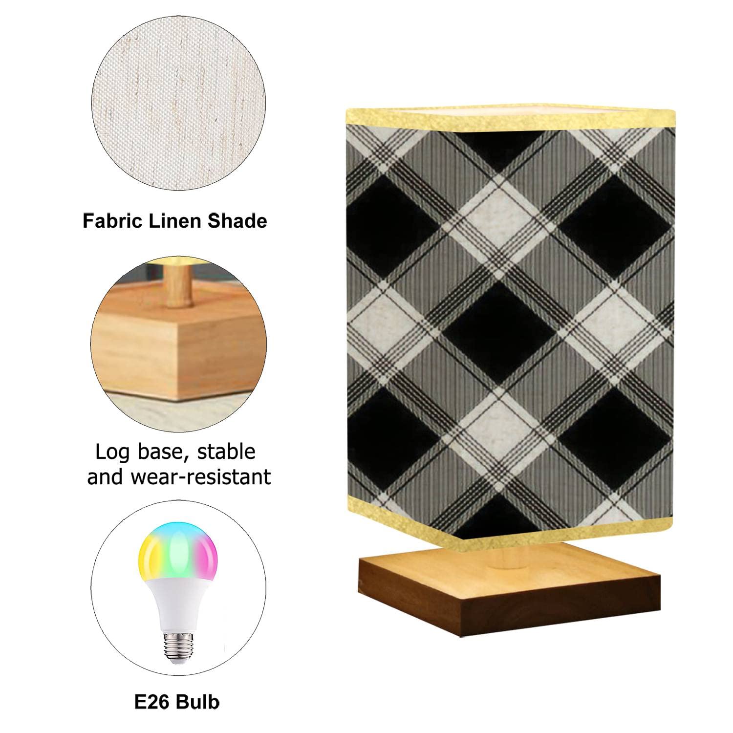 Buffalo Plaid Black and White Square Bedside Table Lamp with Wooden Base & Flaxen Fabric Shade - Dimmable Nightstand Lamp for Bedroom, Living Room | Perfect for Cozy Reading Nook, Modern Farmhouse Decor & Guest Room Lighting