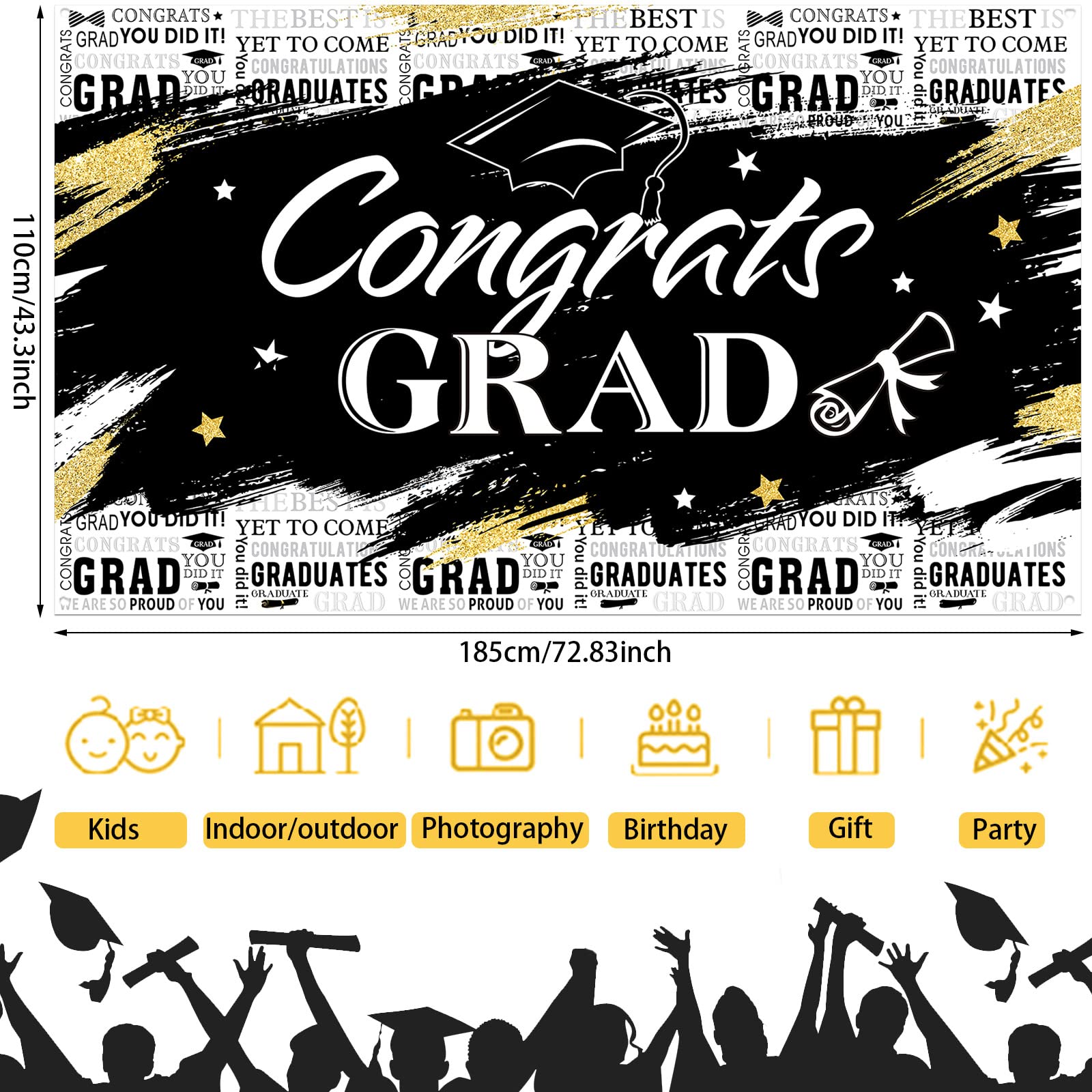 Graduation Party Backdrop - 72.8x43.3 Inch Black Congraduation Banner for Graduation Decorations, Photography Background & Party Supplies - Perfect for Graduation Ceremonies, Photo Booths & School Celebrations