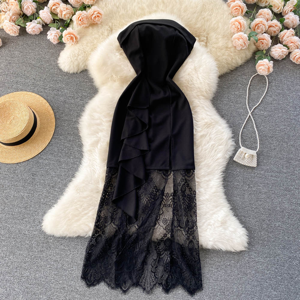 Elegant Black Lace Strapless Evening Dress - Tube Top Formal Gown for Prom, Wedding & Cocktail Party | Style 1183
