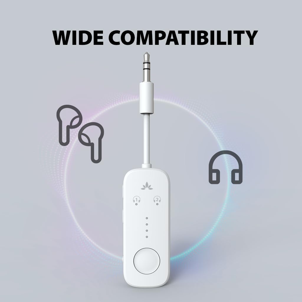 Avantree Relay - Premium Bluetooth 5.3 Adapter for Airplanes, Wireless Audio Transmitter with aptX Adaptive, Dual Pairing for 2 AirPods/Headphones, 3.5mm AUX Jack - Perfect for In-Flight Entertainment, Travel & Home TV Use (White)