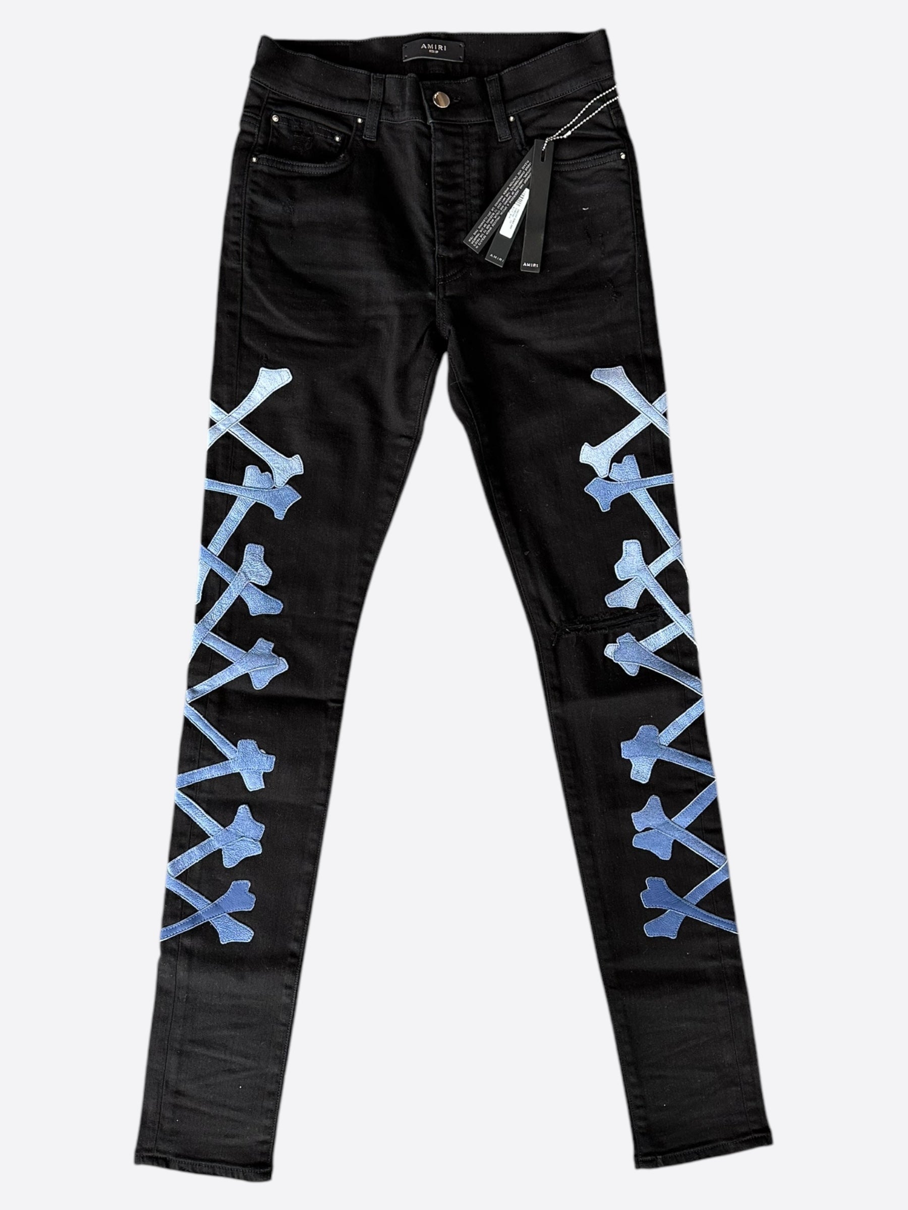 Amiri Black & Blue Gradient Bones Applique Distressed Jeans for Men - High-Quality Designer Denim Pants for Casual Wear & Street Style Fashion