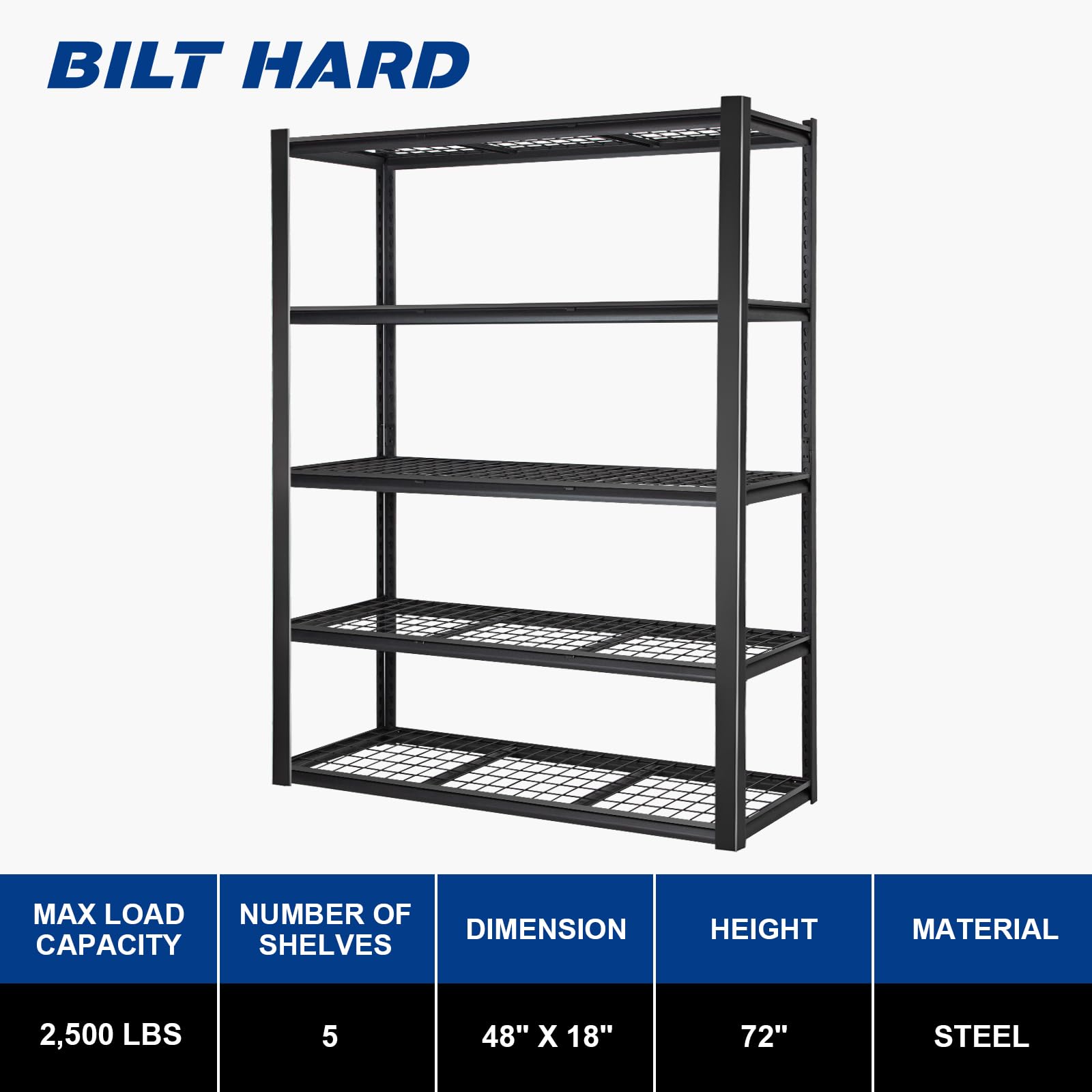 Heavy Duty 5-Tier Industrial Garage Shelving Unit - 2500LBS Capacity, 48