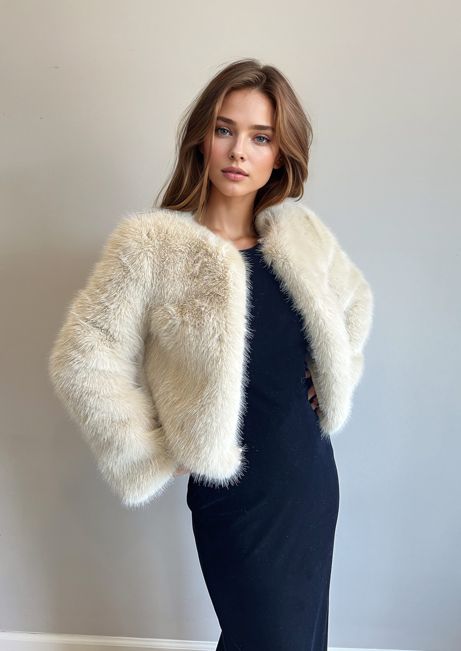 Beige Faux Fur Wedding Jacket for Bride - Elegant Winter Bridal Coat with Faux Fur Collar | Perfect for Outdoor Wedding Ceremonies, Winter Photos & Cold Weather Bridal Fashion