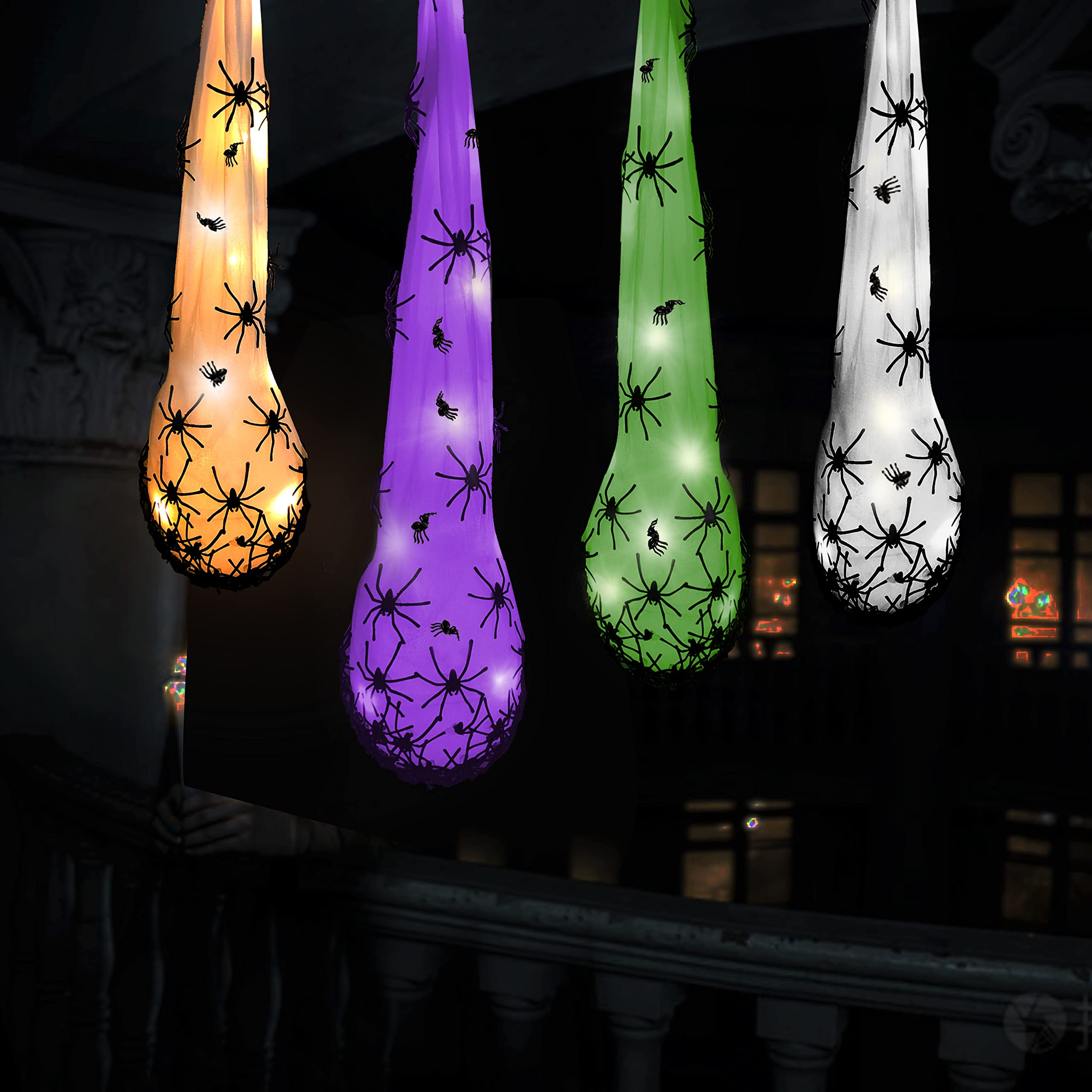 4 Pack Halloween Light-Up Spider Hanging Egg Sacs (20 Inch) - Easy No Assembly Decor for Indoor & Outdoor Party, Haunted House, Porch & Yard Decorations