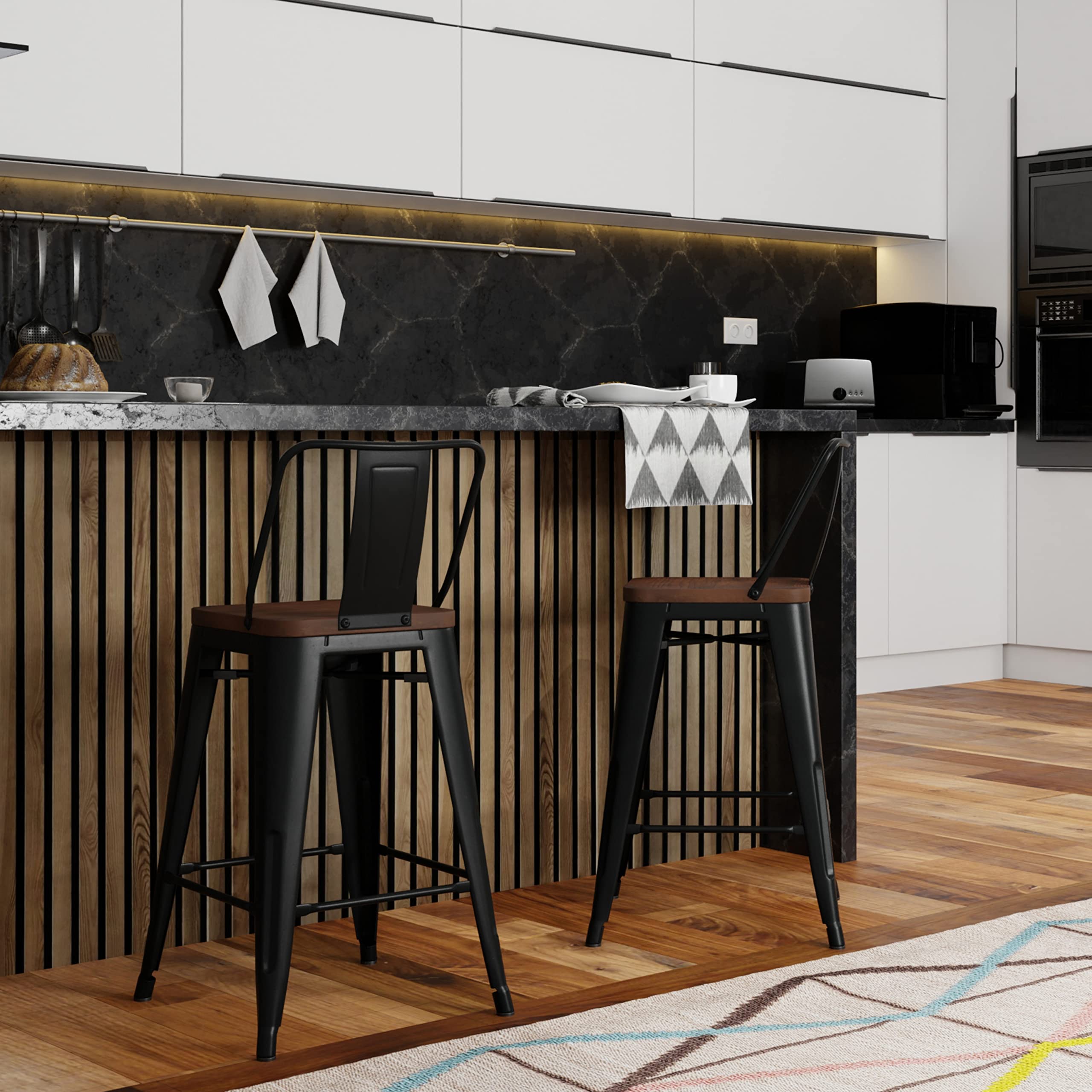SIMPLIHOME Rayne Industrial Metal 24 Inch Counter Height Bar Stools (Set of 2) - Black Metal & Wood Stools for Kitchen Island, Breakfast Nook & Dining Room - Modern Farmhouse & Industrial Style Bar Stools