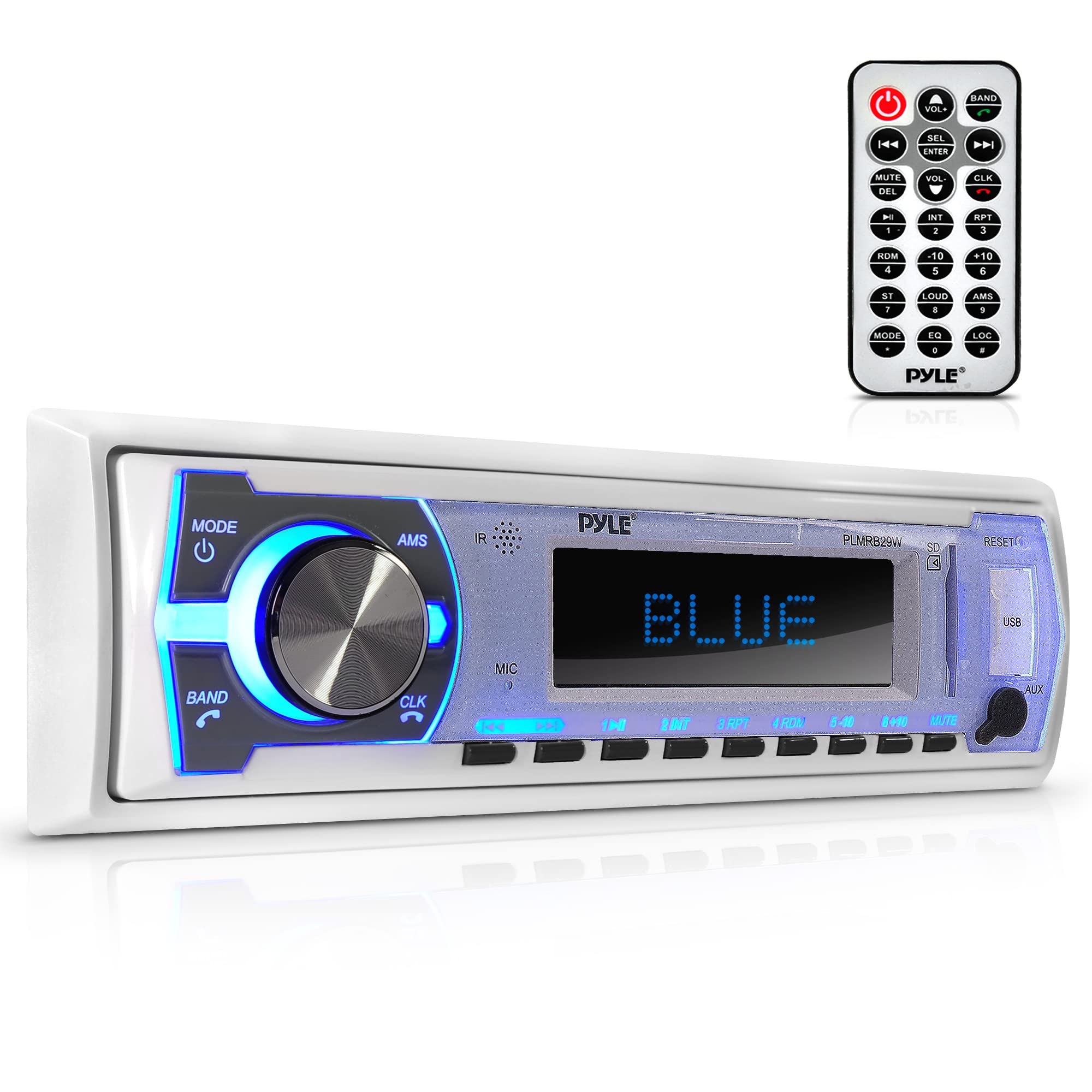 Pyle 8 Inch White Dual Marine Speakers & Bluetooth Stereo Radio - 12V Single DIN Boat Dash Receiver System with Built-in Mic for Boats, Yachts, and Marine Vehicles - Perfect for Outdoor Water Sports and Entertainment