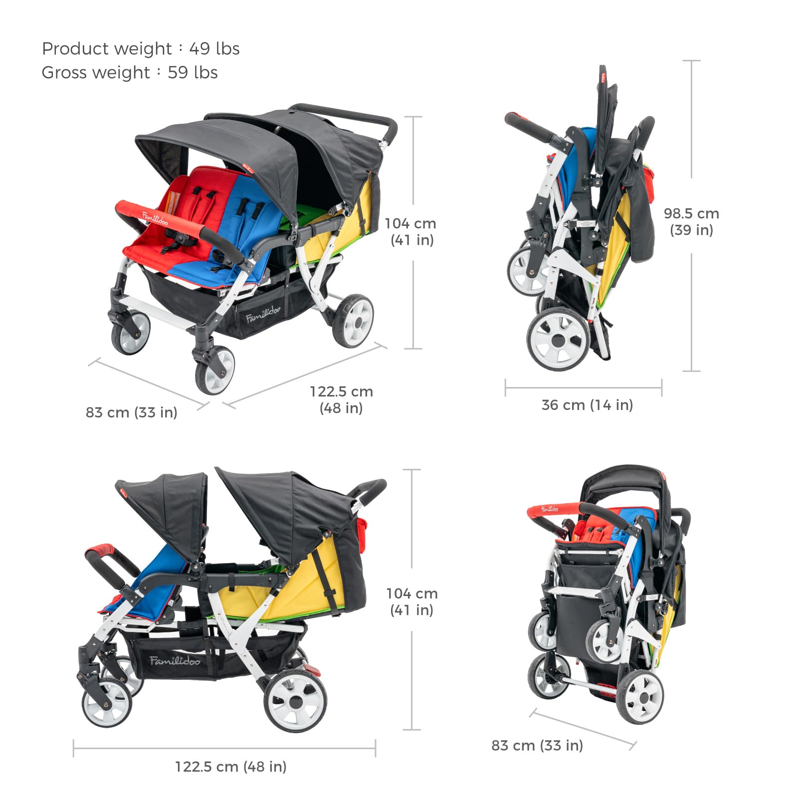 Familidoo H4E 4-Seater Quad Stroller with Double Canopy & Rain Cover - All Reclining Seats with 5-Point Safety Harness - Backseat Footrest Extension for Infants 0-36 Months - Perfect for Large Families, Twins, or Daycare Use