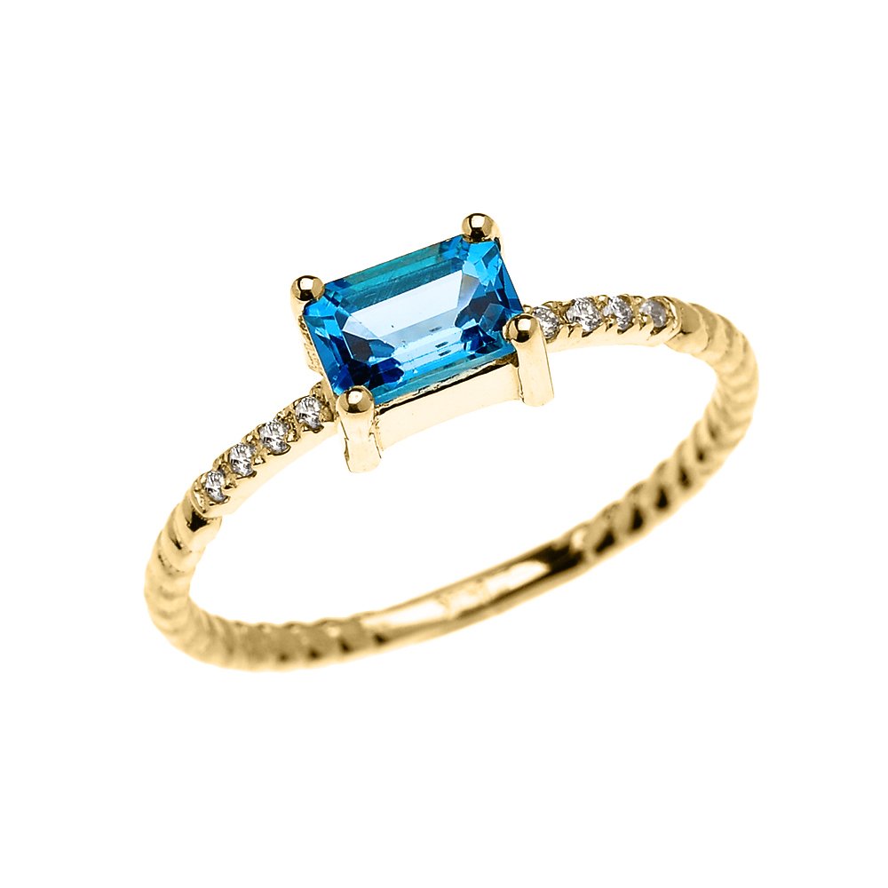 14K Yellow Gold Solitaire Blue Topaz Engagement Ring with Diamond & Emerald Cut - Elegant Promise Ring for Women, Perfect for Proposals, Anniversaries & Special Occasions