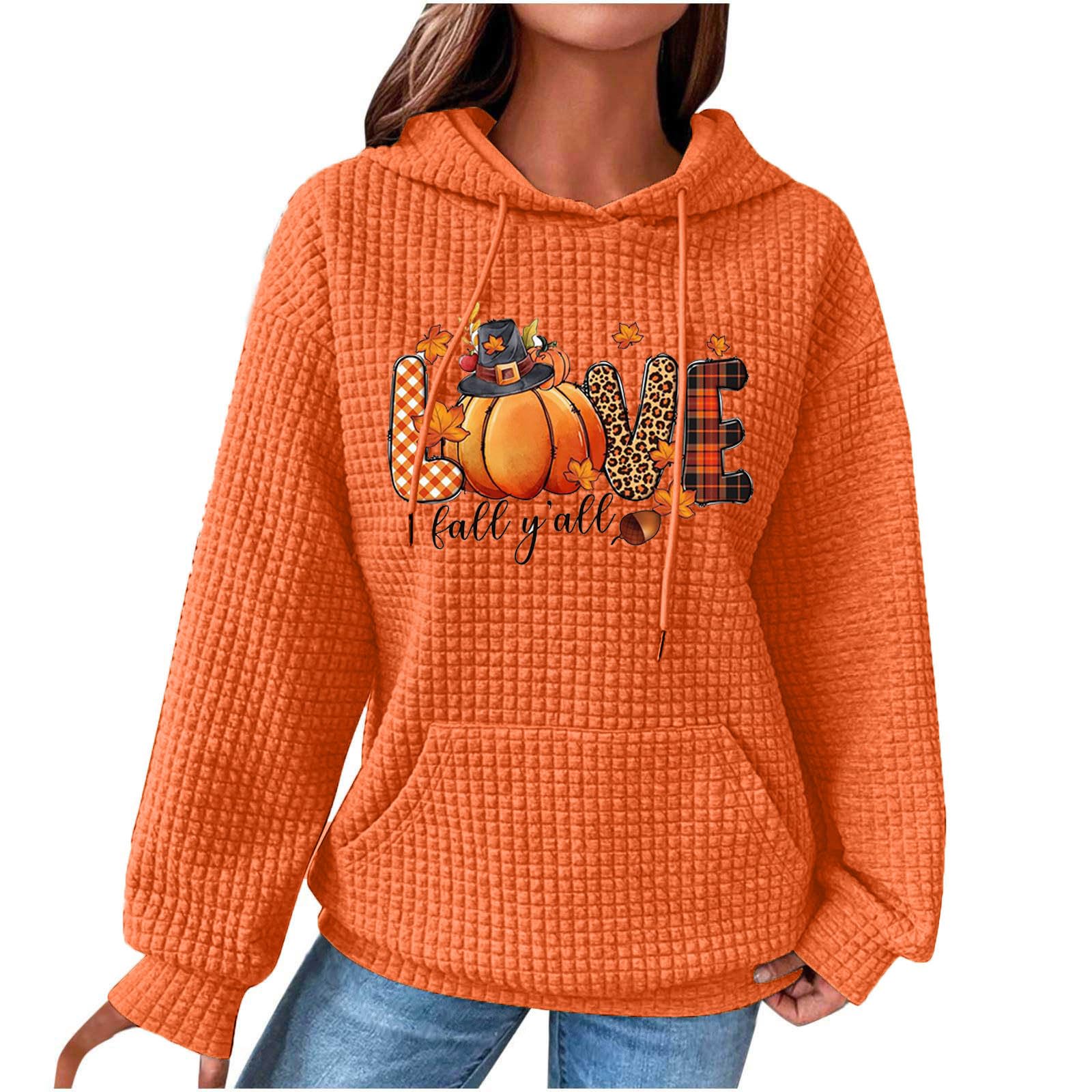 Women's Oversized Waffle Hoodie - Fall Thanksgiving Pumpkin Sweatshirt with Drawstring & Pocket | Cozy Long Sleeve Pullover for Autumn Outings, Pumpkin Patch Visits & Seasonal Comfort