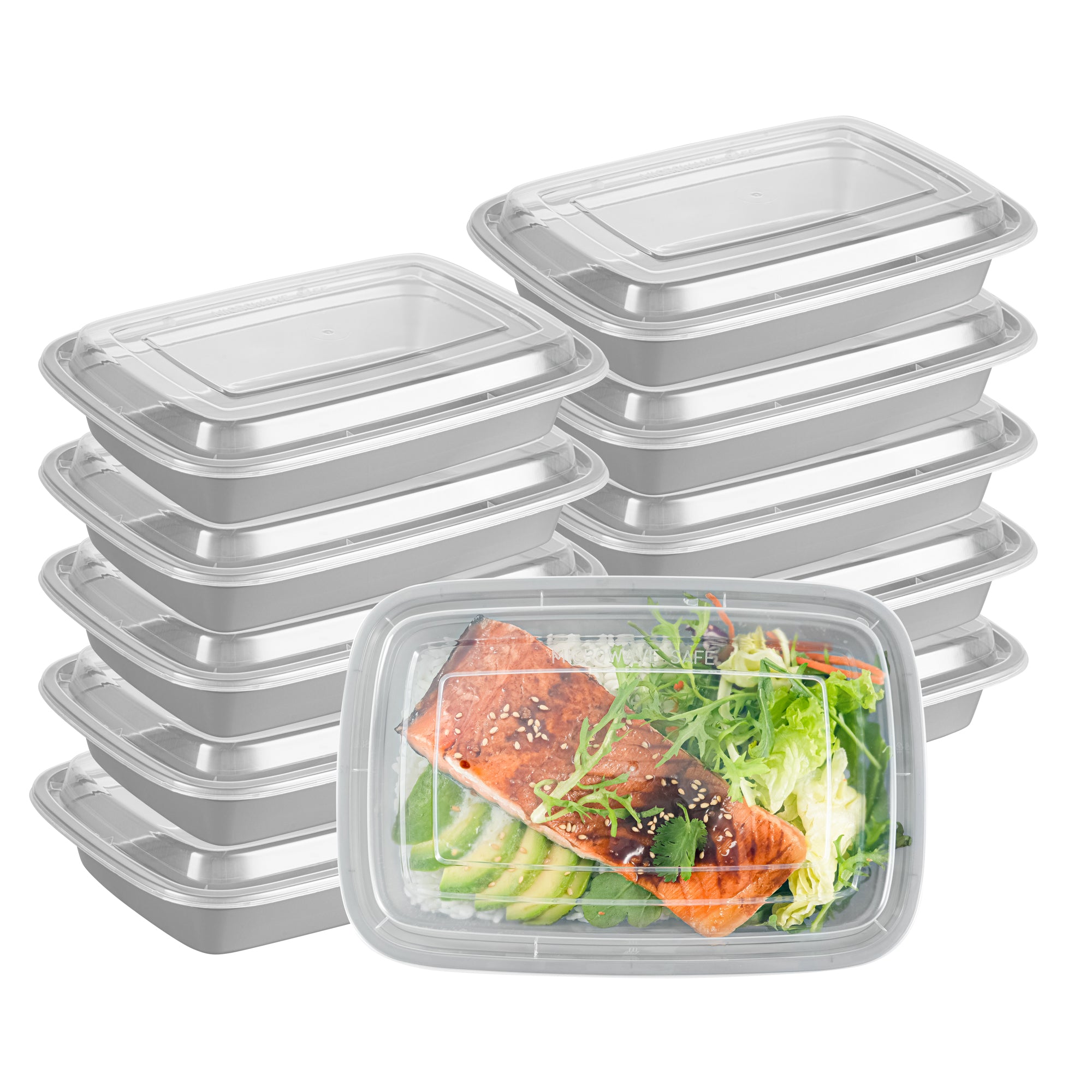 28 oz Rectangle Silver Plastic To-Go Food Containers with Clear Lids - Microwave Safe, 8.75