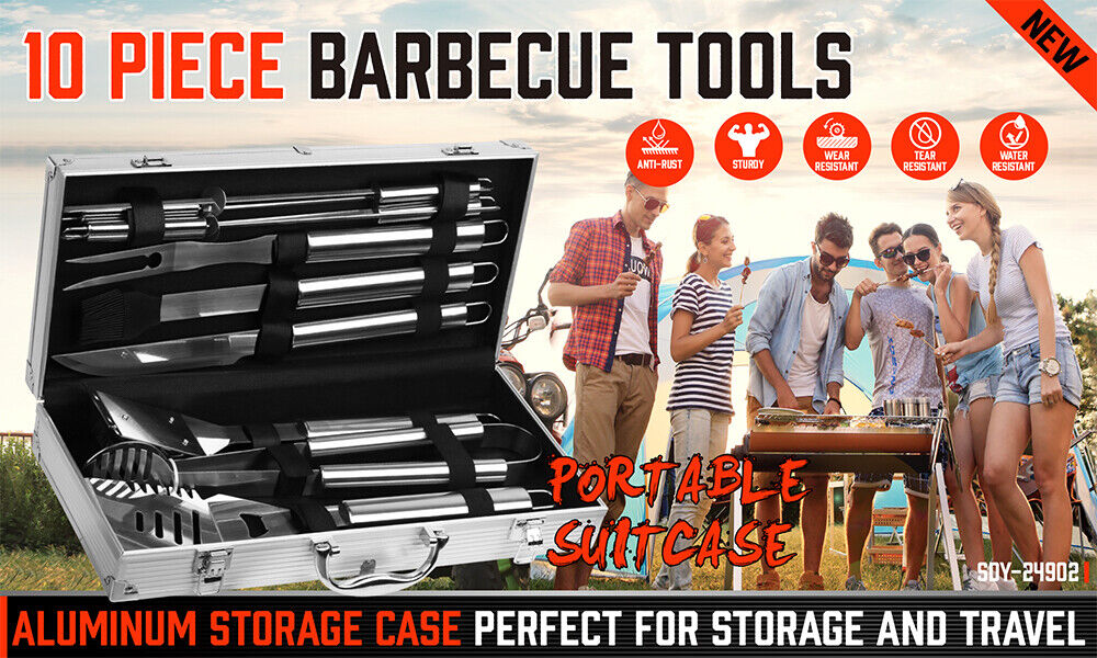 10Pcs Stainless Steel BBQ Tool Set - Heavy Duty Outdoor Grill Utensils for BBQ, Grilling & Cooking - Perfect for Backyard, Camping & Picnics
