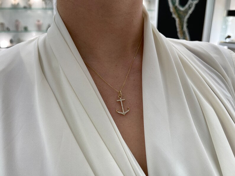 14K Gold Natural Diamond Anchor Necklace for Women - 0.45tcw Iced Out Pave Cut Ocean Lover Jewelry Gift for Birthday, Anniversary & Beach Vacation