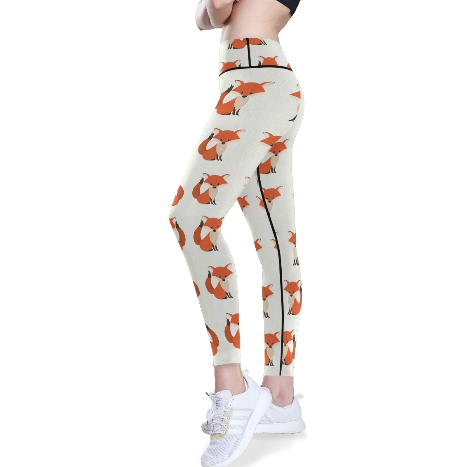 Orange Fox Print High Waist Yoga Pants for Women - Tummy Control Workout Leggings with Hidden Pockets - Stretchy Athletic Running Tights (XS) - Perfect for Yoga, Gym, Running & Casual Wear