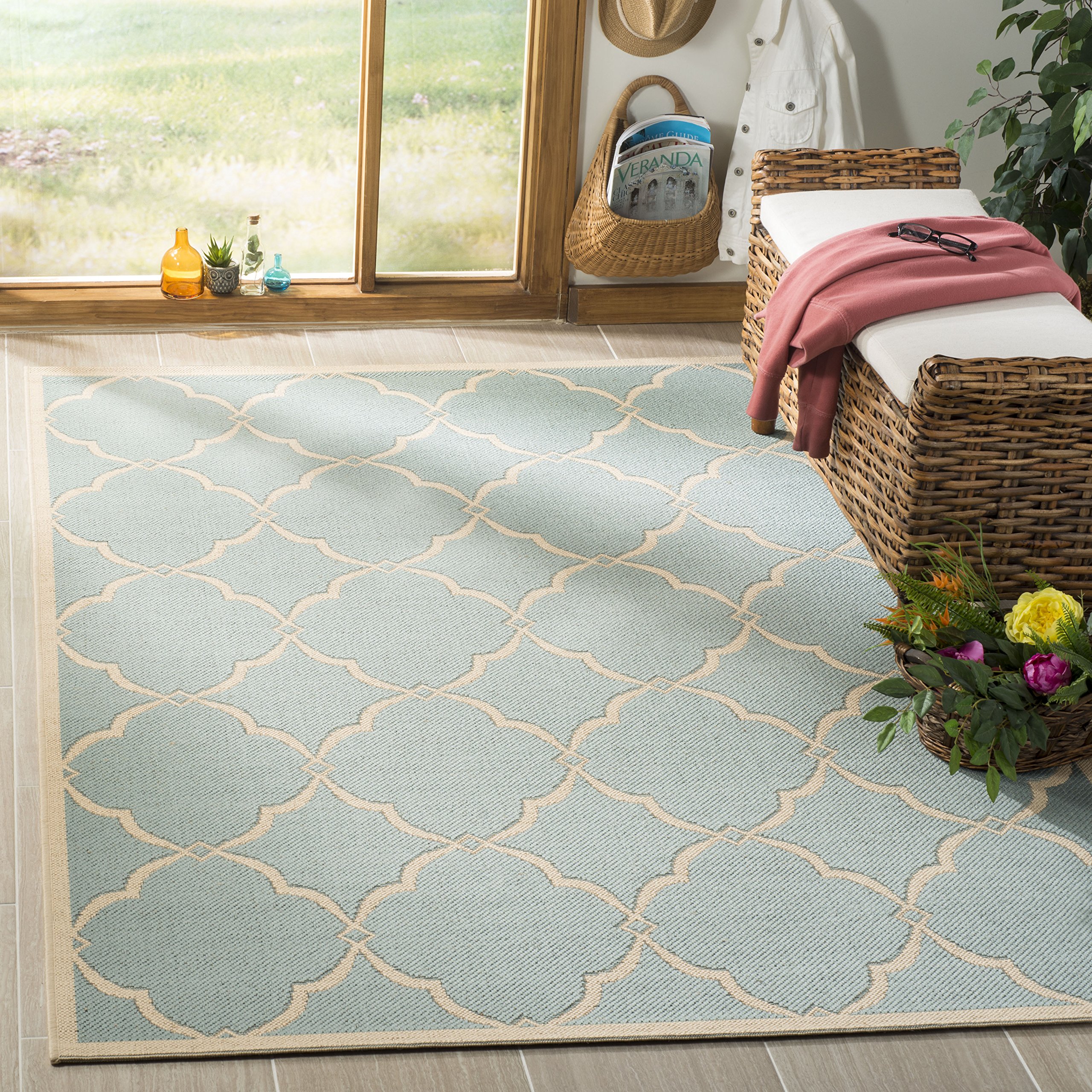 SAFAVIEH Linden Collection 9' x 12' Aqua & Cream Trellis Design Area Rug - Non-Shedding, Easy Care, Washable Indoor/Outdoor Rug - Perfect for Living Room, Bedroom, Patio, Backyard & Mudroom (LND125K)