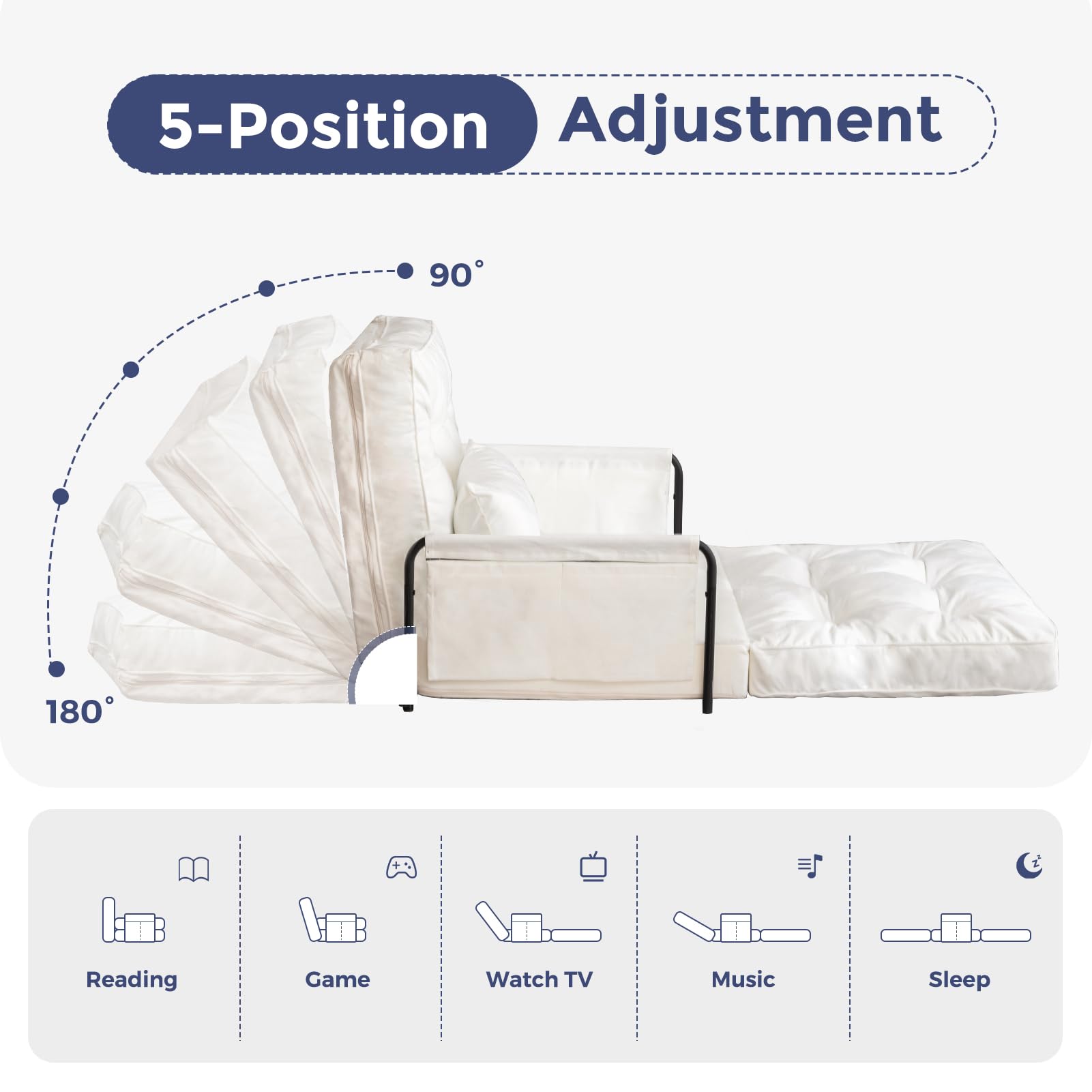 MAXYOYO Adjustable Floor Sofa Bed - Velvet Convertible Lazy Couch with Pillow & Armrests - Single Size Beige Sofa Sleeper for Living Room, Bedroom & Small Spaces