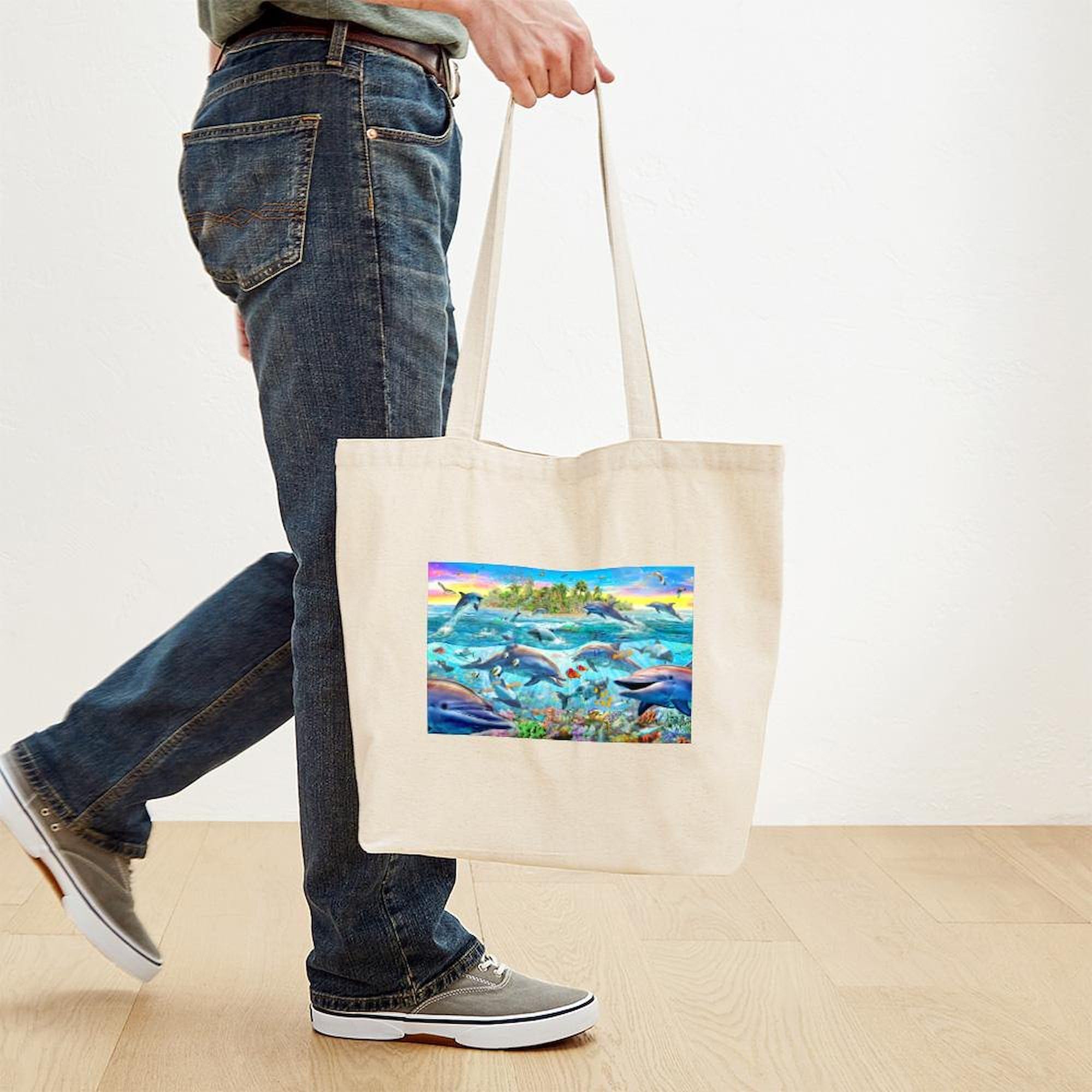 Dolphin Reef Canvas Tote Bag - Eco-Friendly Reusable Shopping Bag for Beach, Grocery & Everyday Use | Natural Cotton Carryall