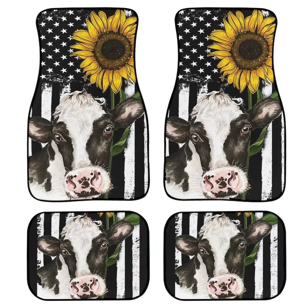 Custom American Flag Cow Sunflowers Car Floor Mats - Universal Fit for SUV, Vans, Sedans & Trucks - Durable Auto Accessories & Holiday Decor - Perfect Gift for Women & Girlfriend - Great for Road Trips, Daily Commutes & Patriotic Events