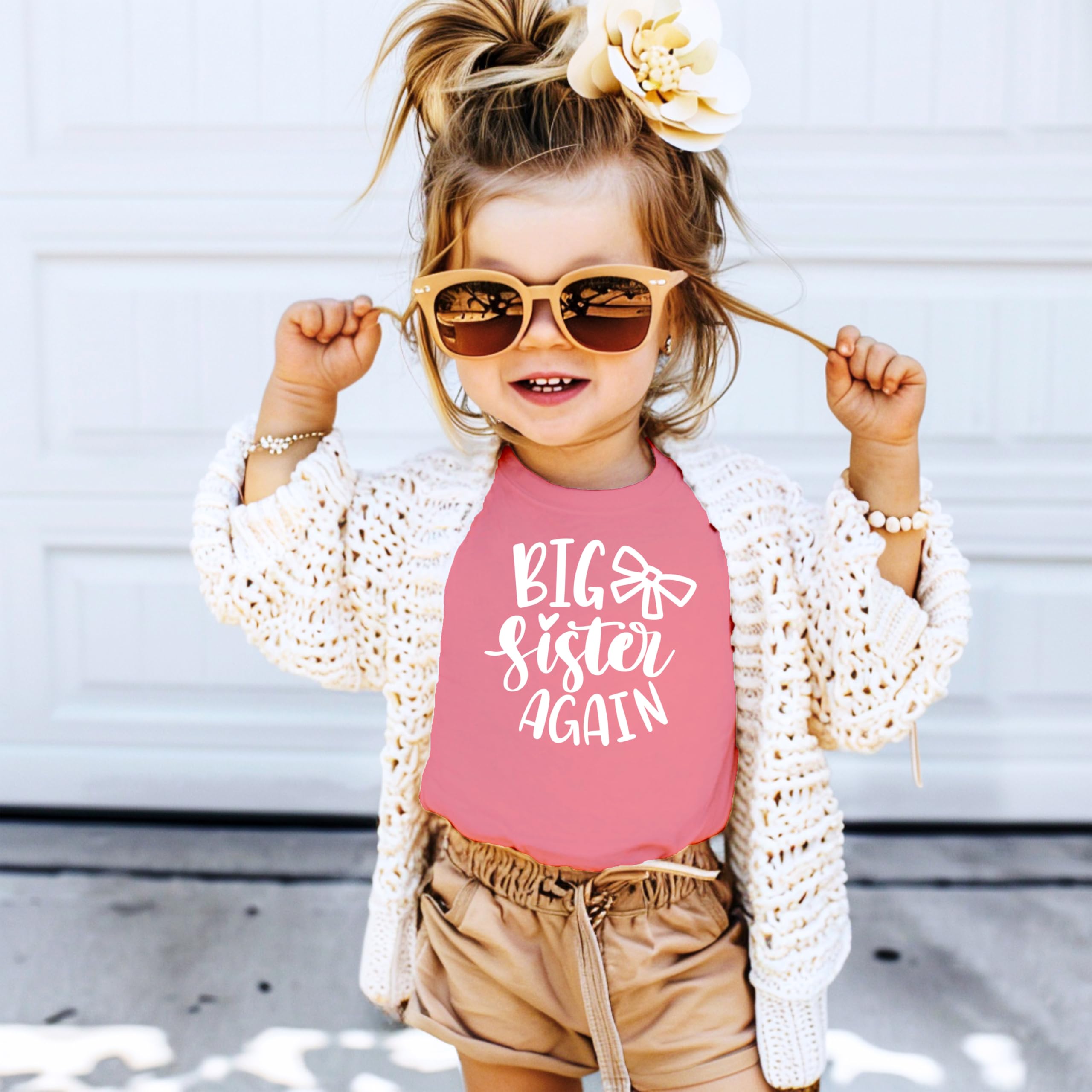 Olive Loves Apple Big Sister Again Bow Sibling Reveal Shirt - Cute Birth Announcement T-Shirts for Girls | Perfect for Gender Reveal Parties & Newborn Photo Shoots