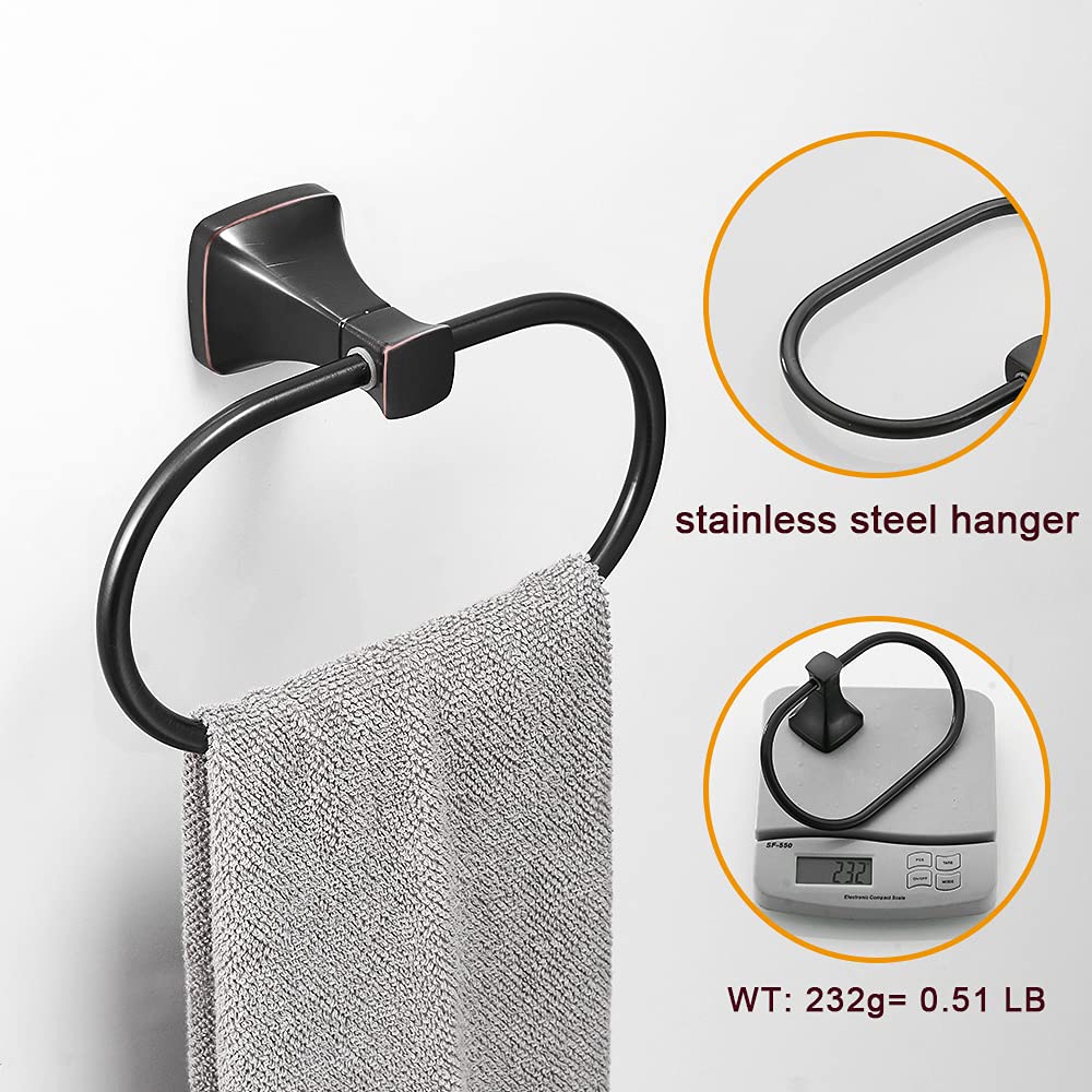 Oil Rubbed Bronze Stainless Steel Hand Towel Ring Holder - Wall Mounted Bathroom Hardware Accessory with Screws & Square Pedestal - Perfect for Powder Rooms, Guest Bathrooms & Spa-Style Decor