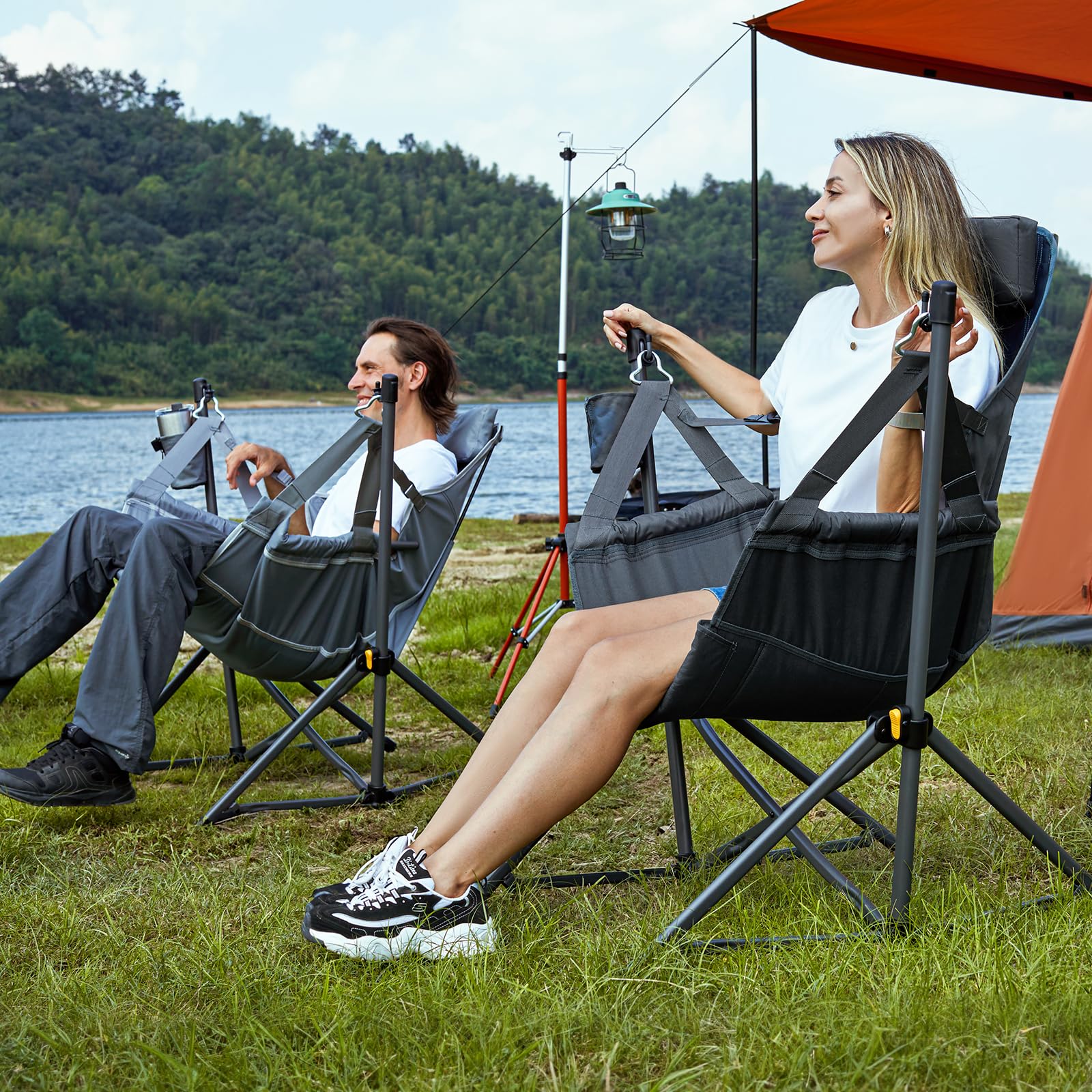 TIMBER RIDGE Heavy Duty Folding Hammock Chair - Adjustable Backrest Supports 300lbs, Portable Camping Chair for Outdoor, Travel, Patio & Backyard Relaxation | Perfect for Camping Trips, Beach Lounging & Garden Use (Tan)